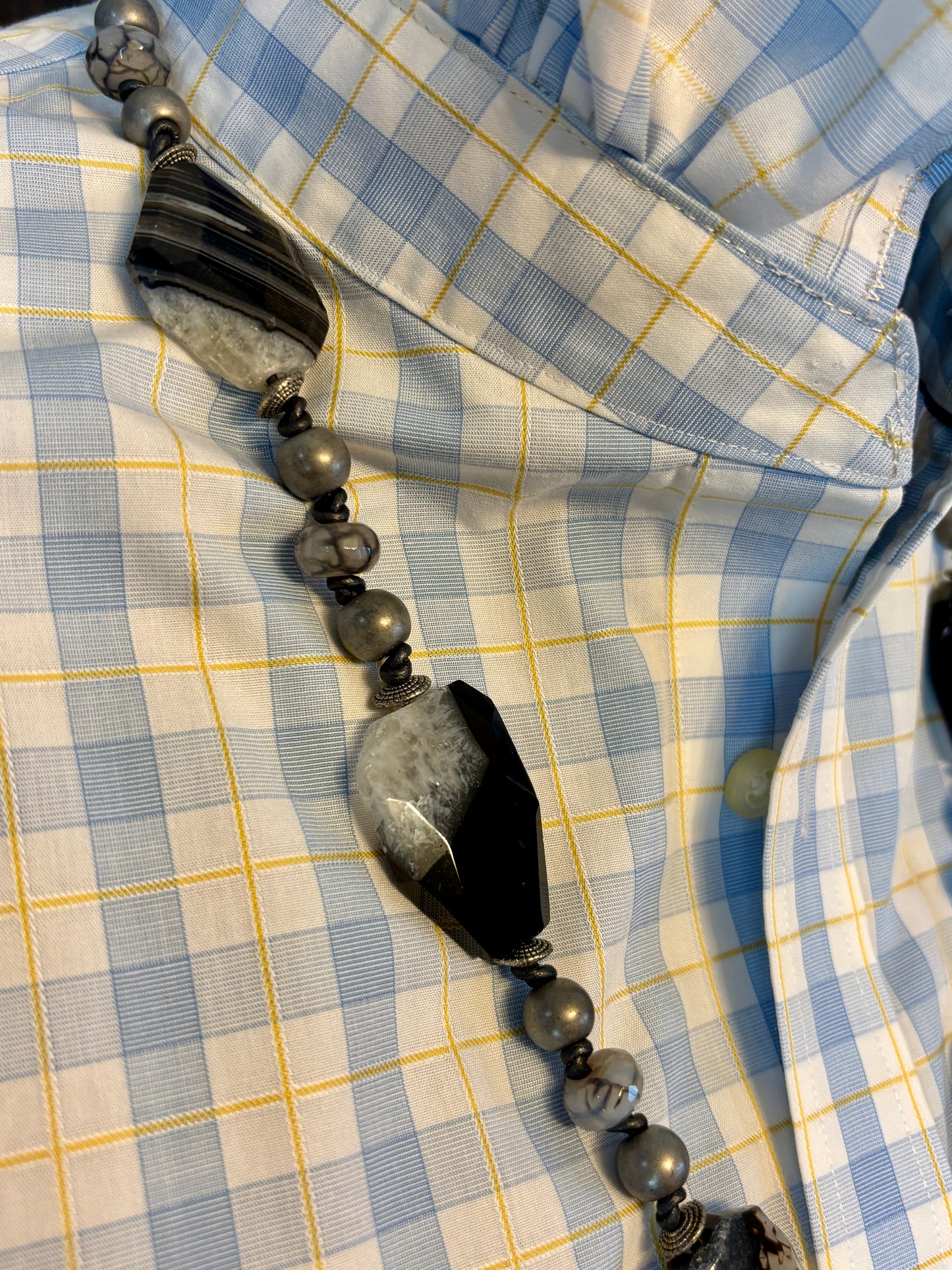 Long Silver and Black Medallion Necklace with Black and White Gemstone Beads and Gray Tassel
