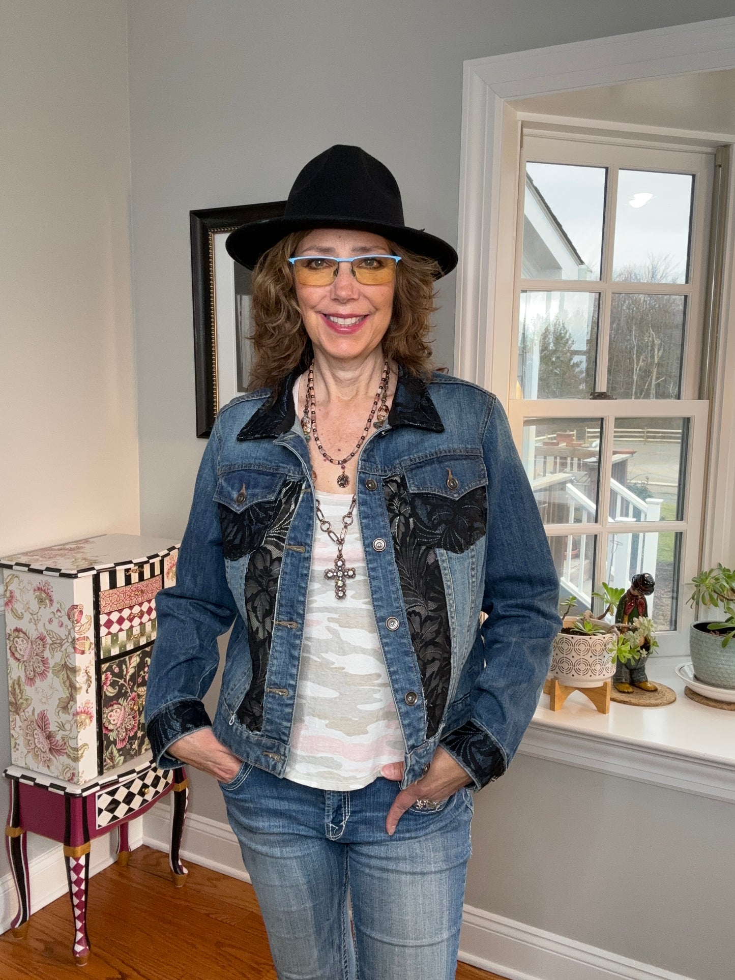 Up-cycled Denim Jacket, Window Pane, Black Lace XL, Brand Stylus