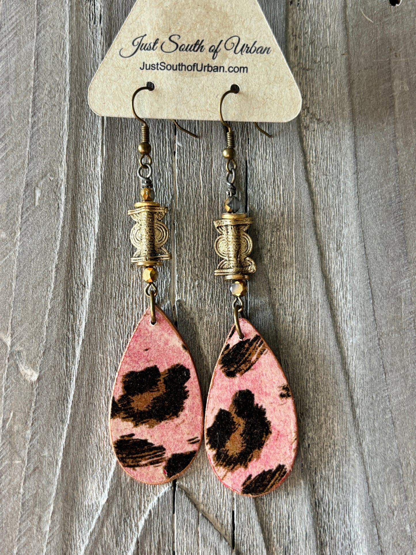 Pink Cheetah Print Decoupaged Earrings, with Ethnic Beads