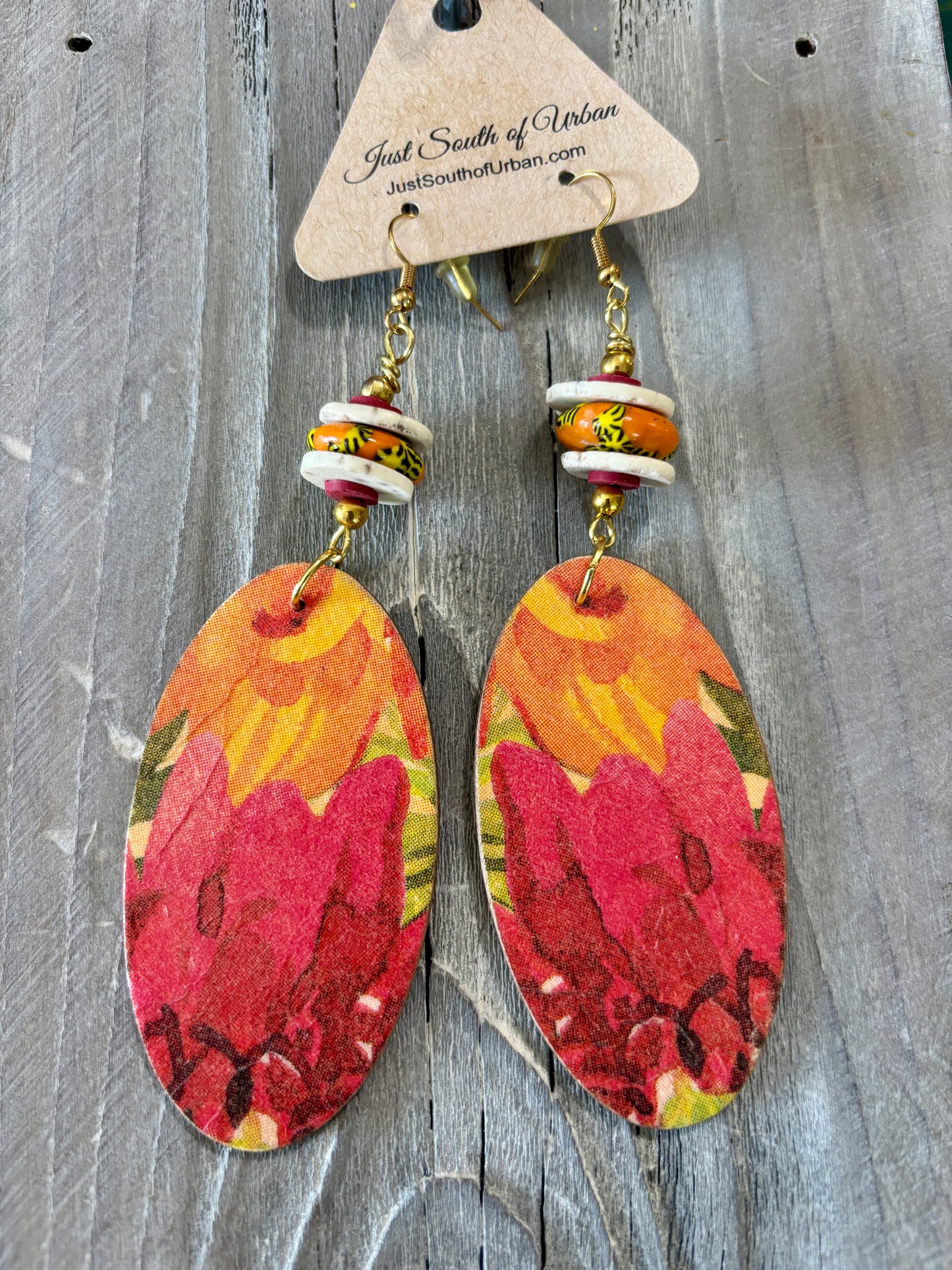 Long Colorful and Vibrant Handmade Decoupaged Earrings, Lightweight 4" Ethnic Vibe Earrings