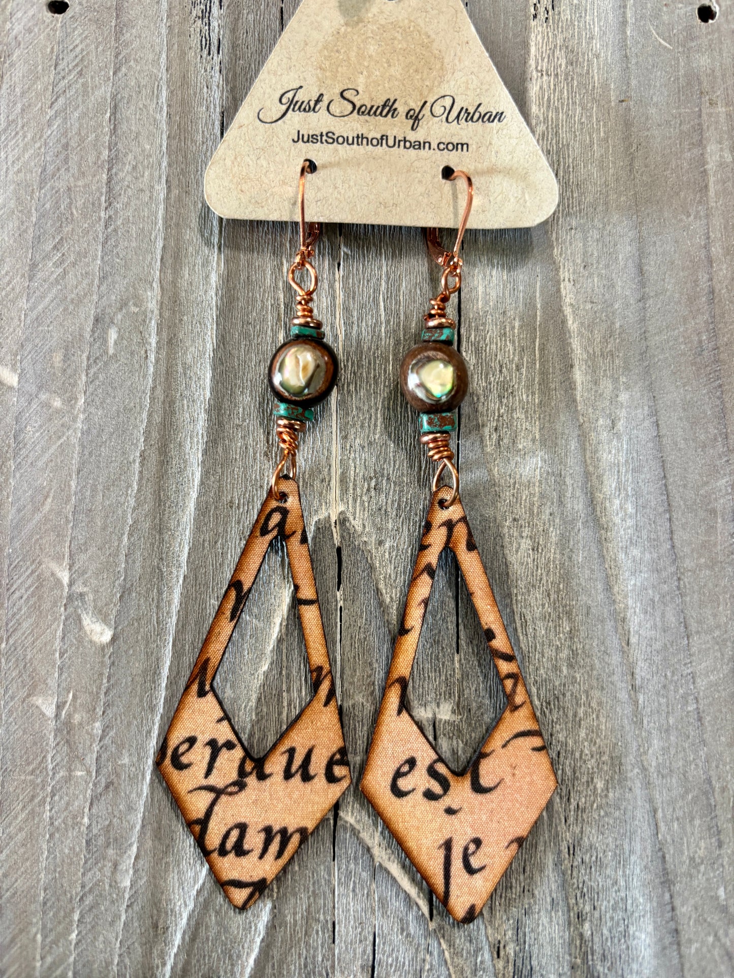 Diamond Shaped Artisan Decoupaged Wood Earrings Calligraphy Script Art