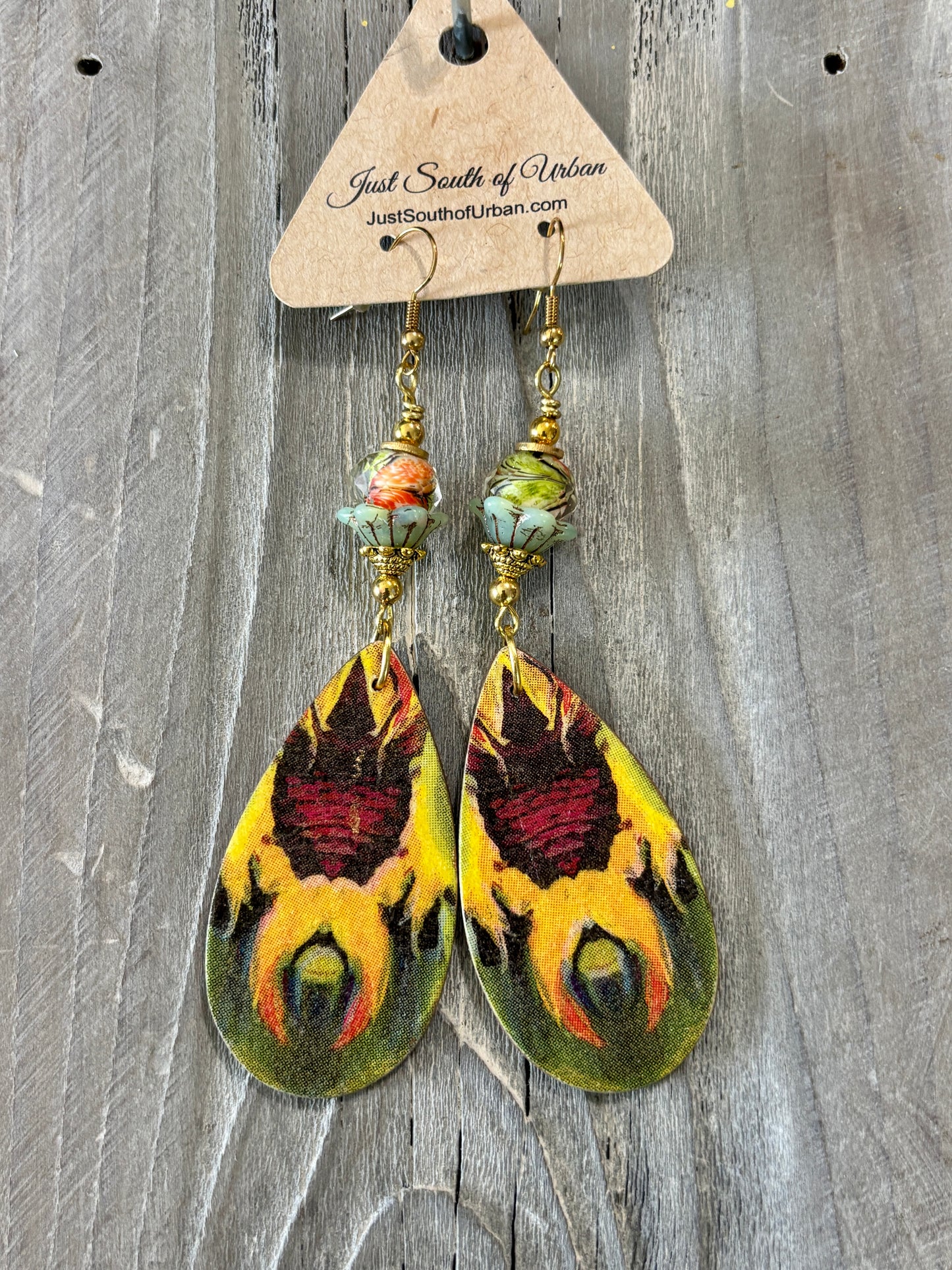Long Bohemian Art Earrings, Yellow, Green, Rust and Orange, with Gold beads