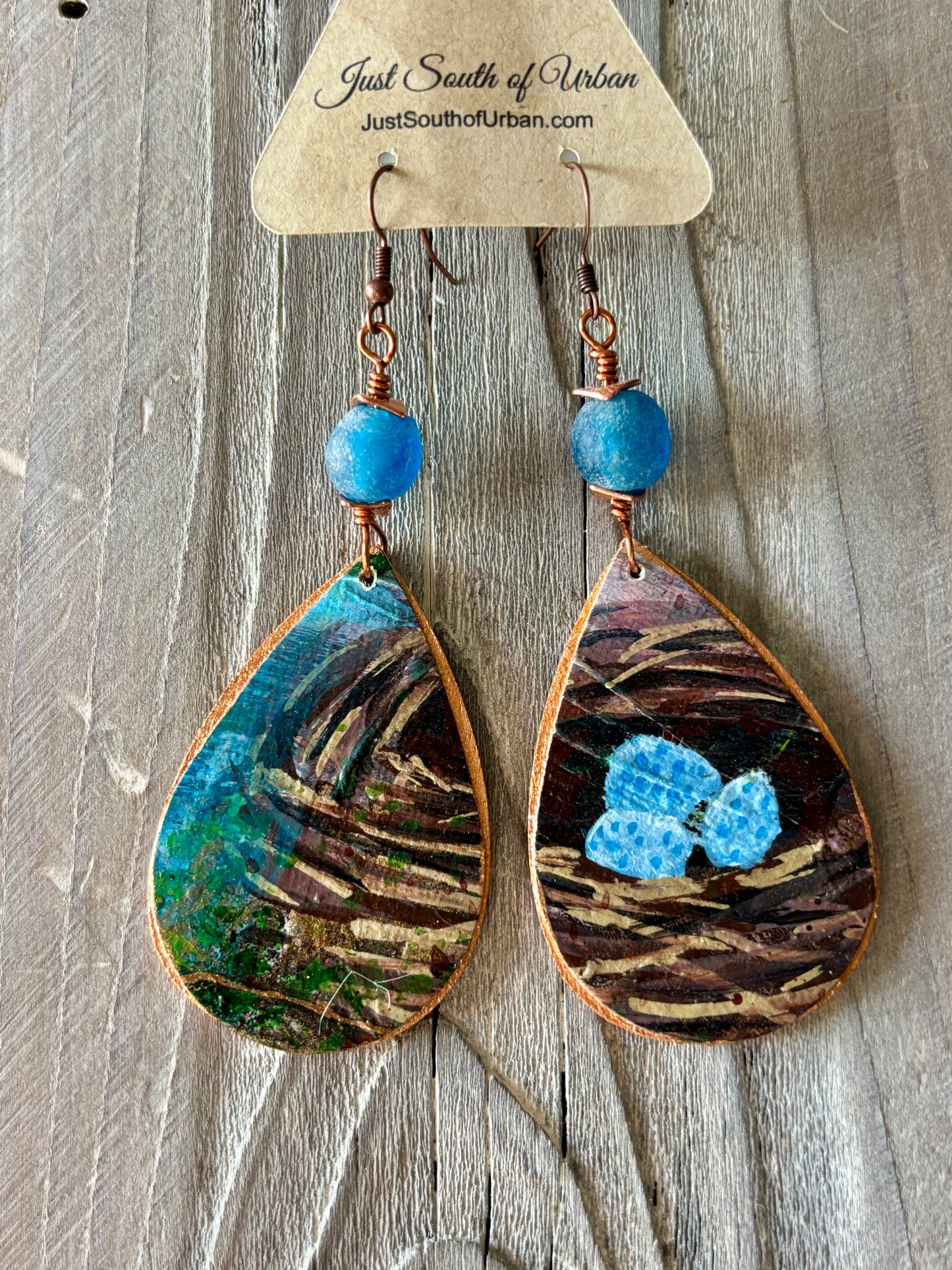 Original Art Earrings, Robin's Egg, Bird Nest, Tear Drop Shaped Earrings