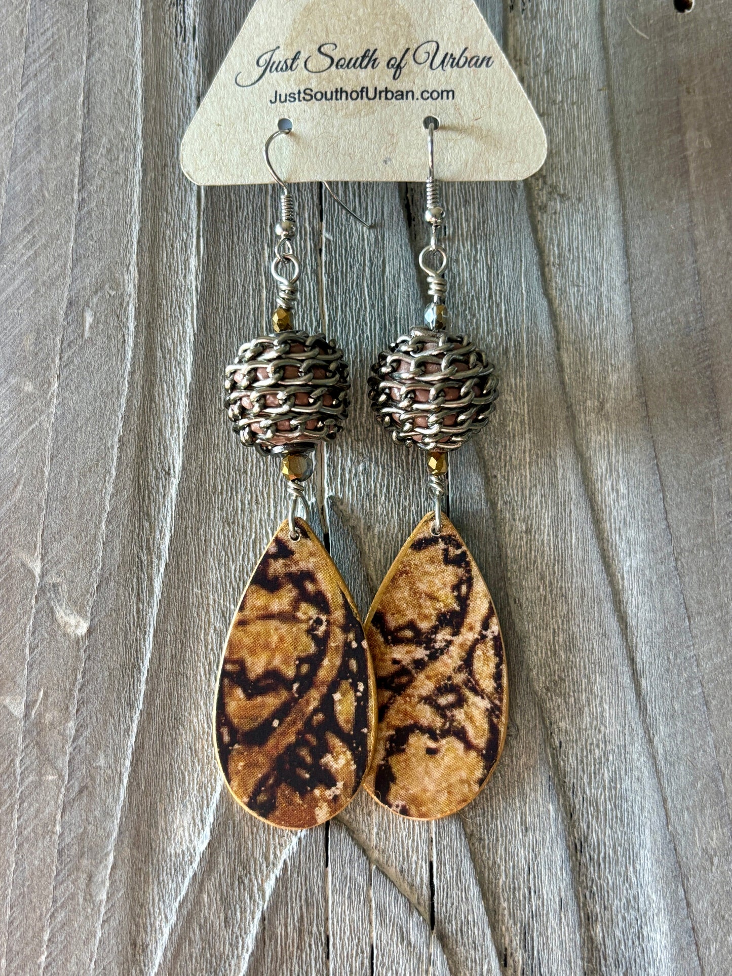Decoupage Rustic Earrings, Long 3.5", Lightweight