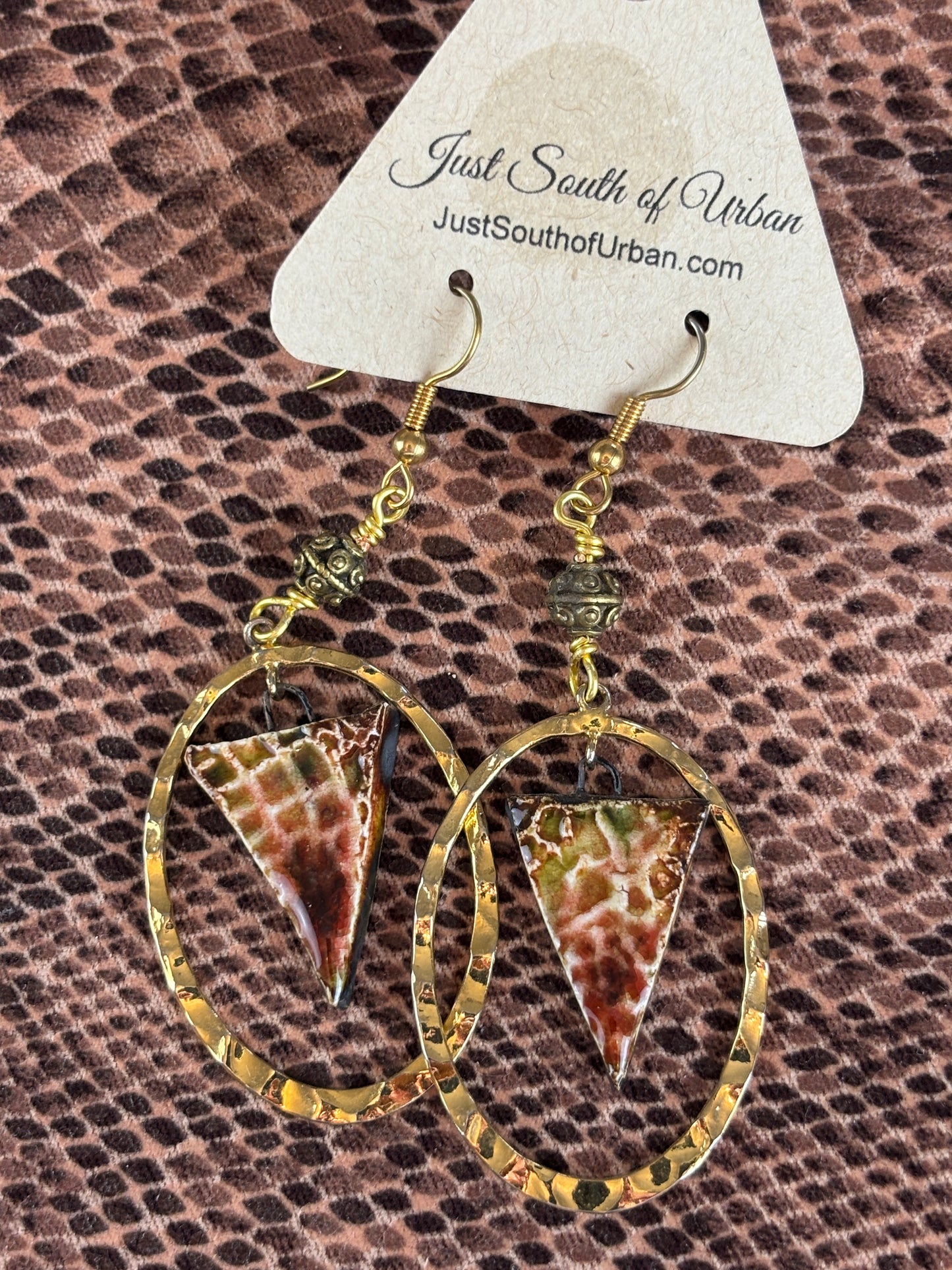 Artisan Ceramic Triangle Earrings Suspended in Gold Oval Hammered Hoops