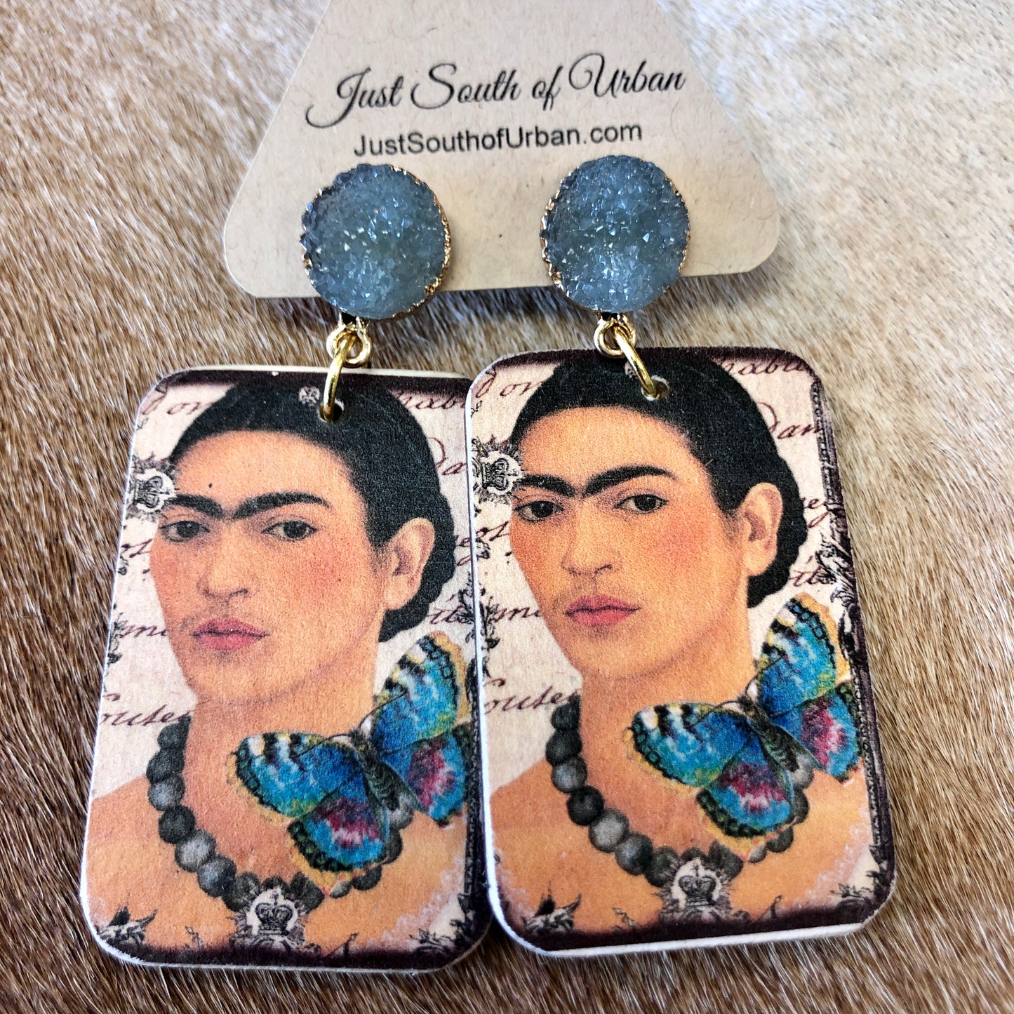 Whimsical Mexican Portrait Art with Butterflies, Blue, Black and White, Druzy Post