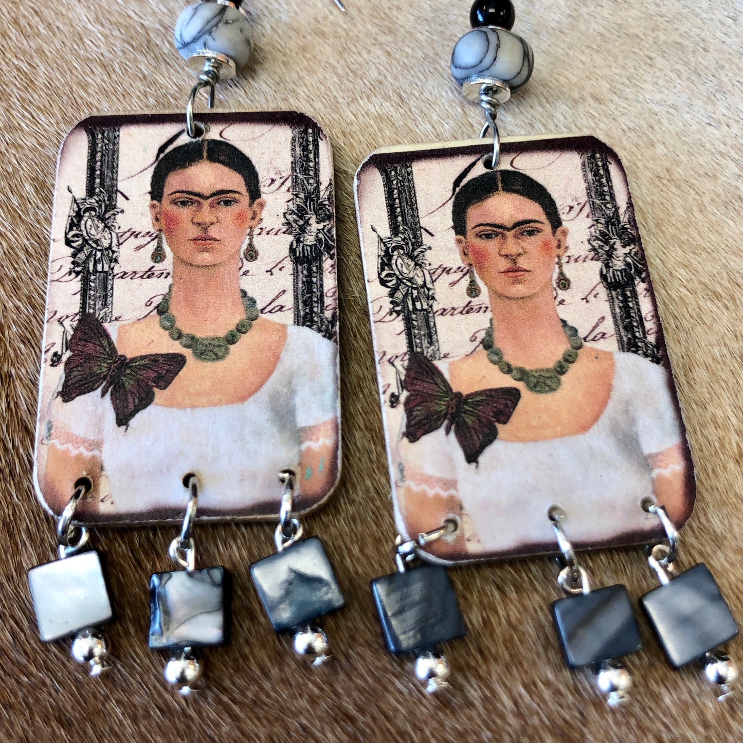 Whimsical Mexican Art with Butterflies, Handmade with Mother of Pearl Beads