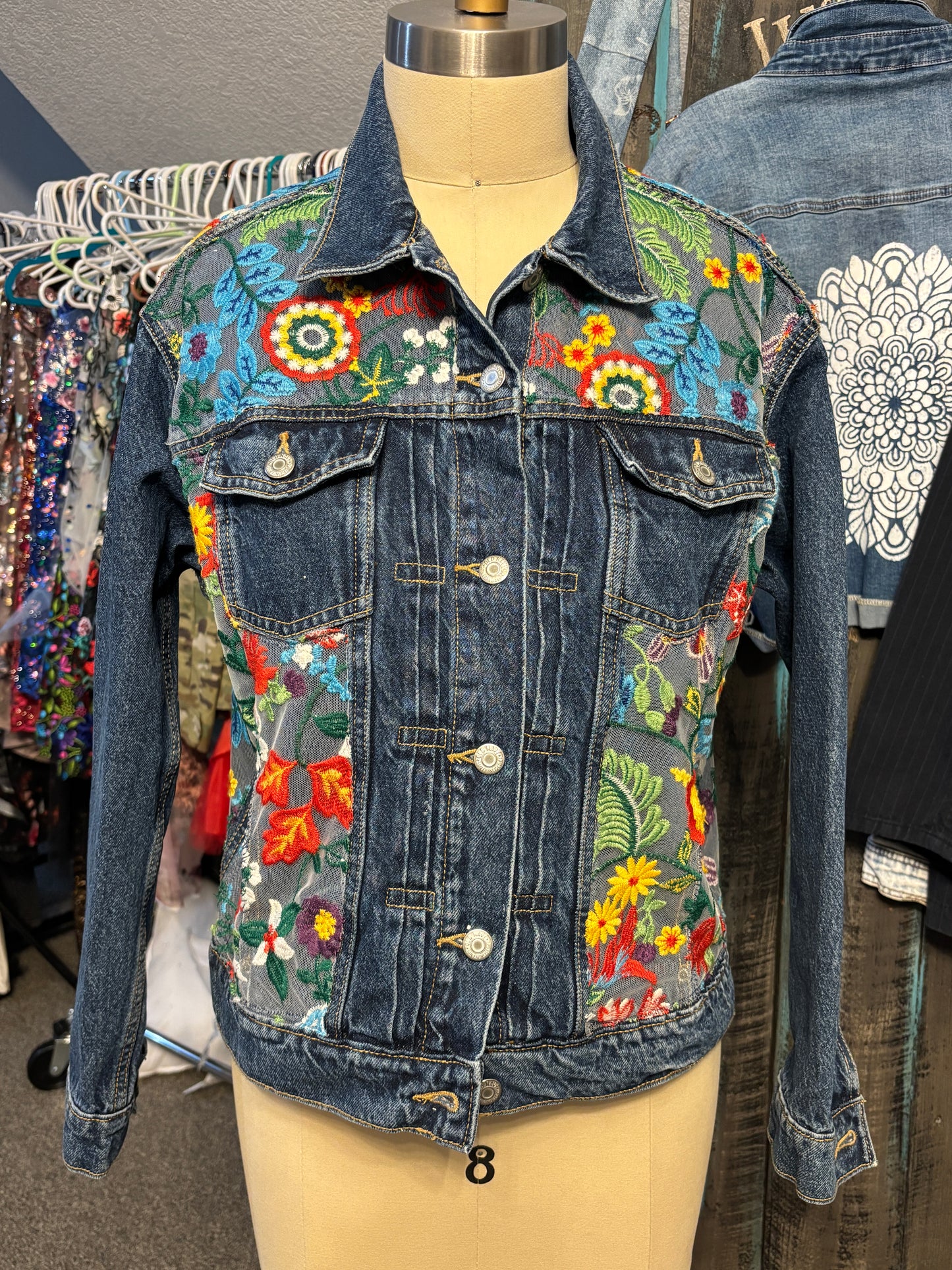 Up-Cycled Denim Jacket, Frida Moth Print, Size 44" Bust, Large/X-Large