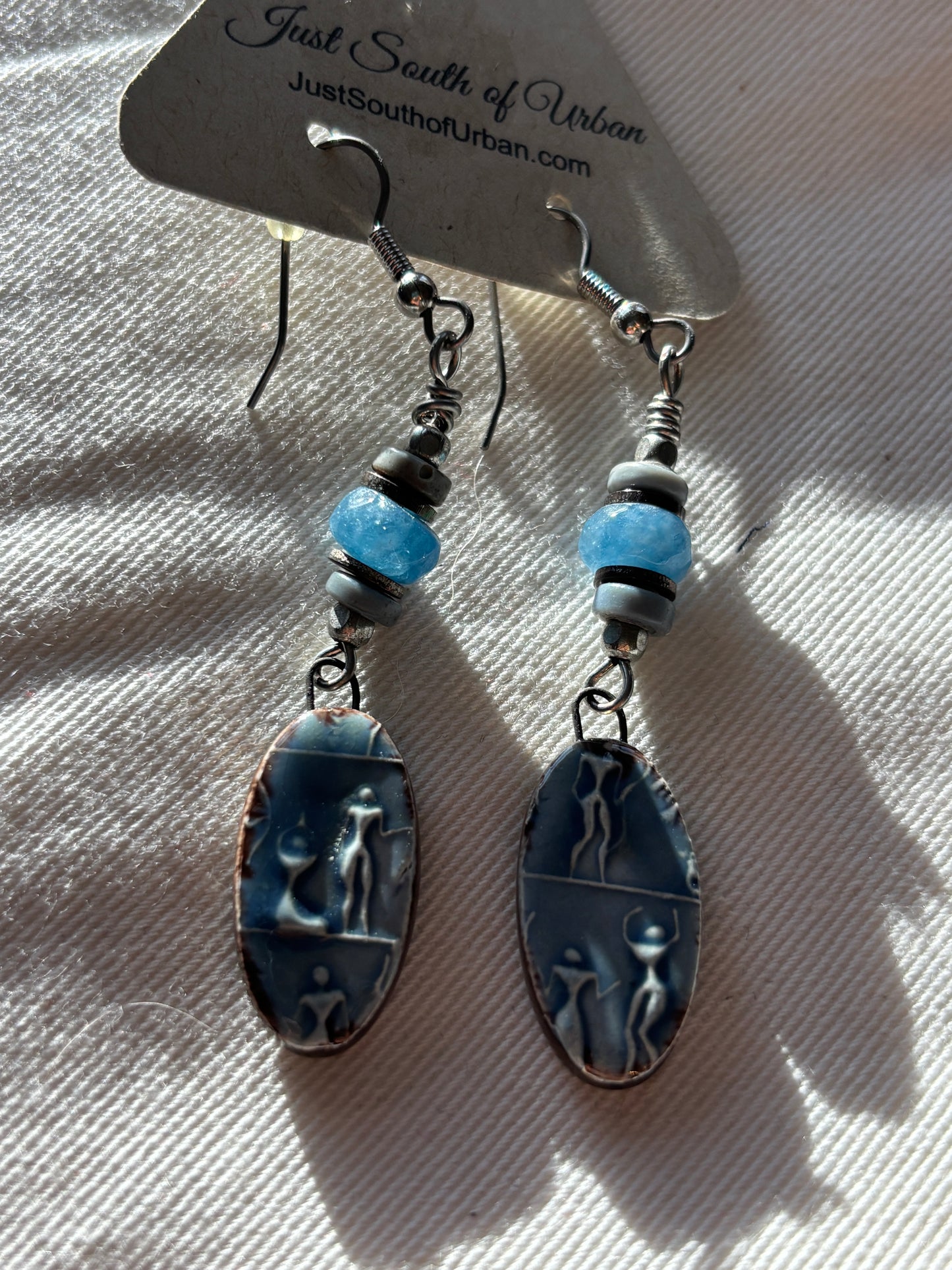 Hieroglyphic Art Earrings, Blue handmade Ceramic with Faceted Denim Lapis