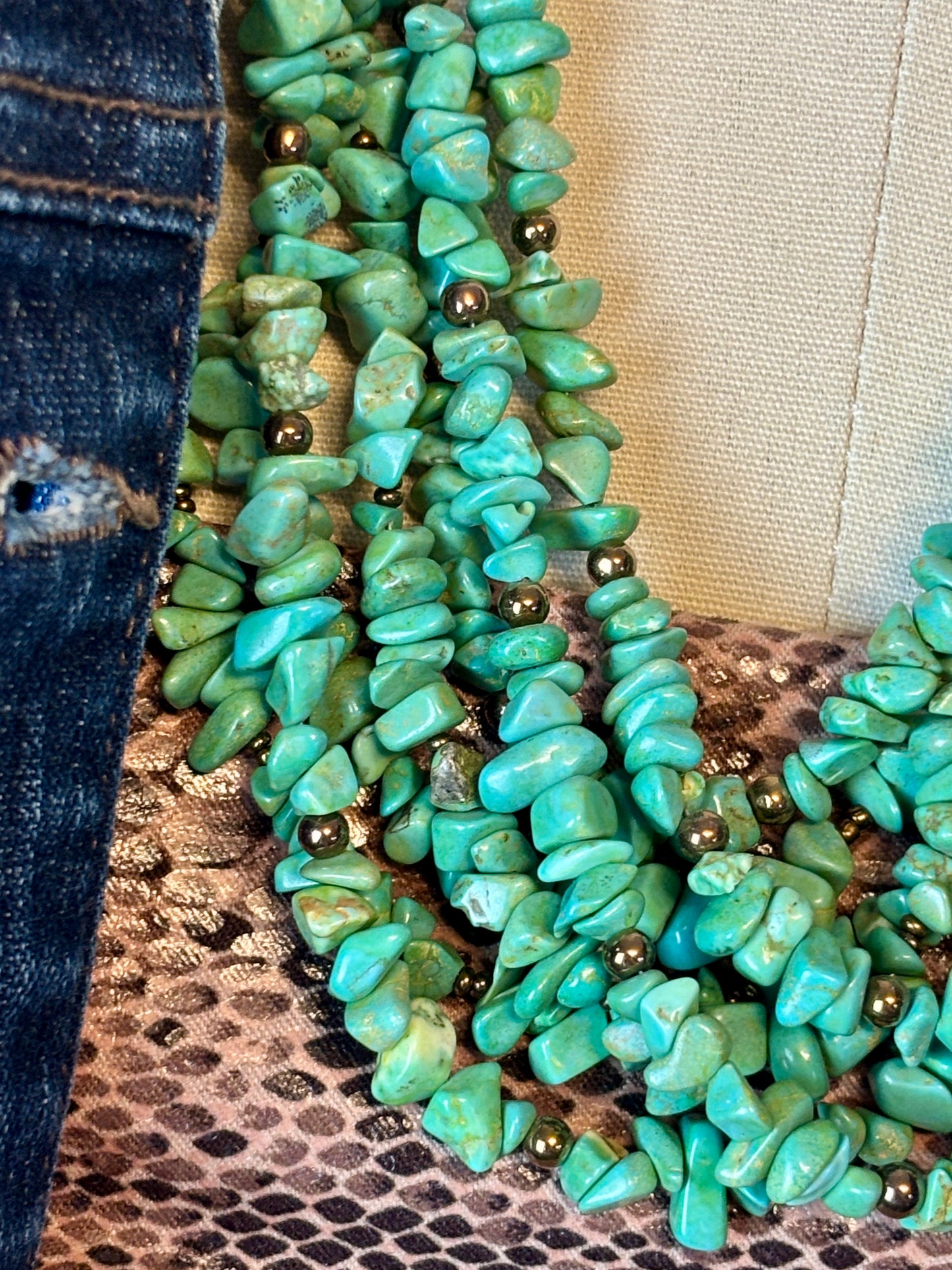 7 Strands of Green Turquoise Beads with Bronze Large Link Chain and Beads