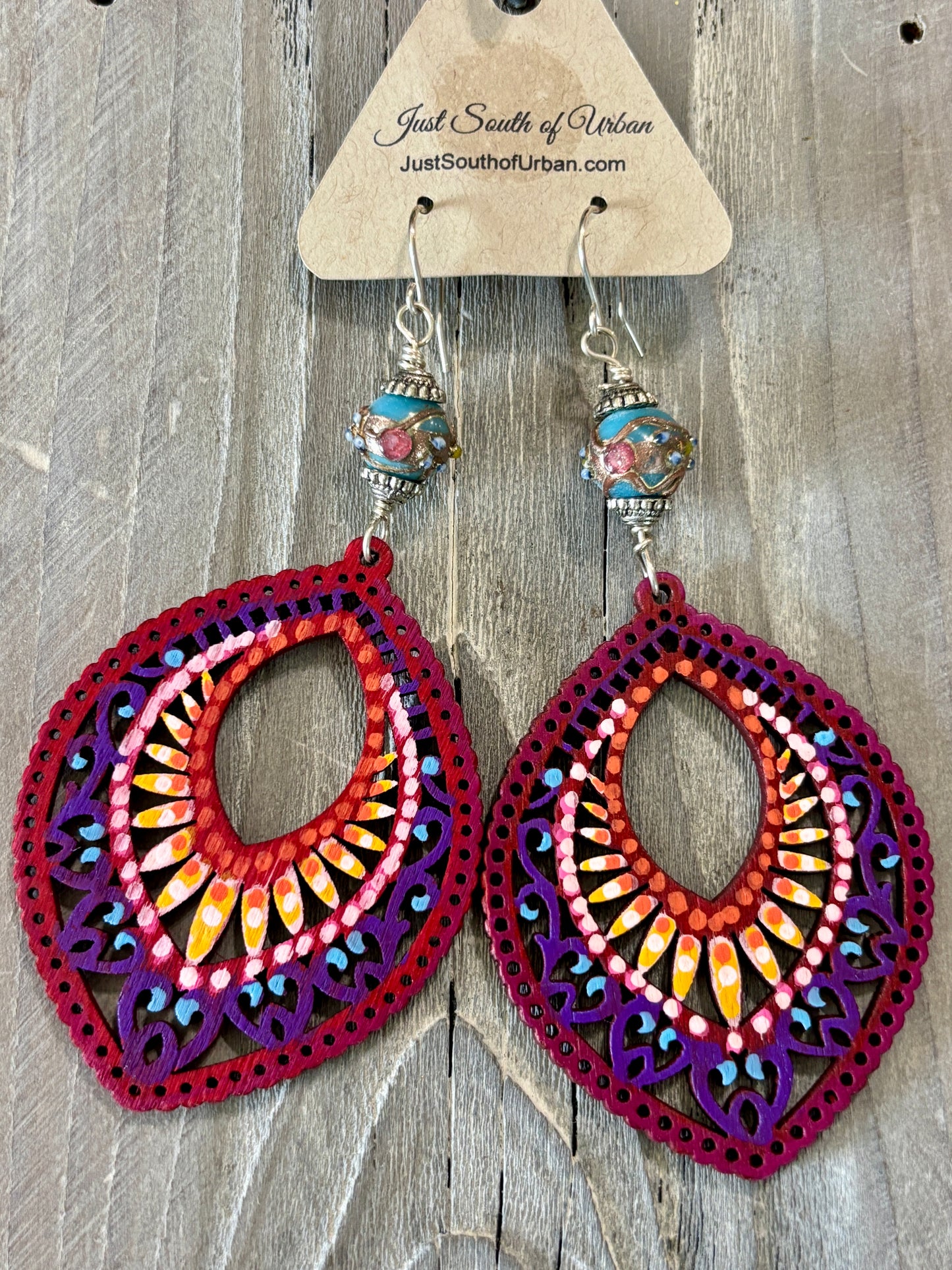 Big, BOLD, Boho, Hand Painted Laser Cut Earrings, 4" Long, 2" Wide, LIGHTWEIGHT Statement Earrings