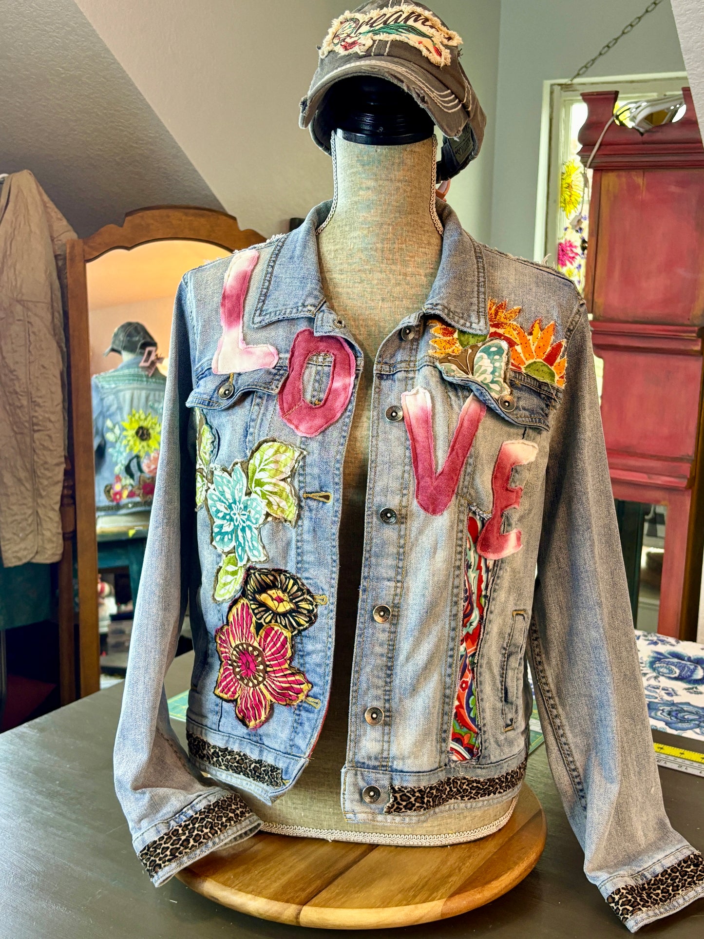 LOVE UpCycled Jean Denim Jacket, Hippie Boho Style, Retro 70's Look