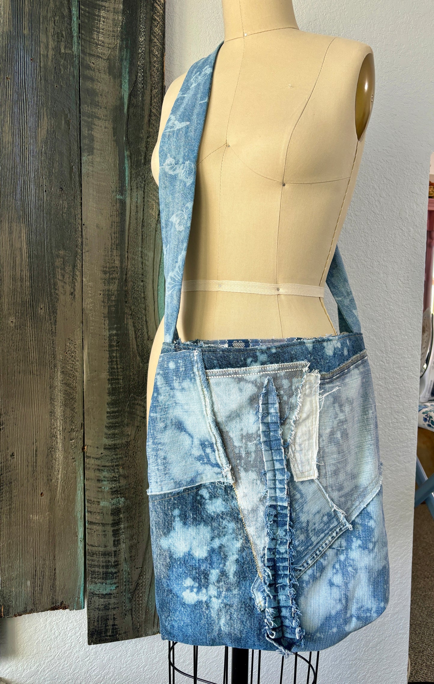 Up-Cycled Denim Jeans, Denim Purse, Classy Boho, Blue Frayed, Repurposed Shirt, Handmade, One of a Kind, Just South of Urban, Kim Spratto
