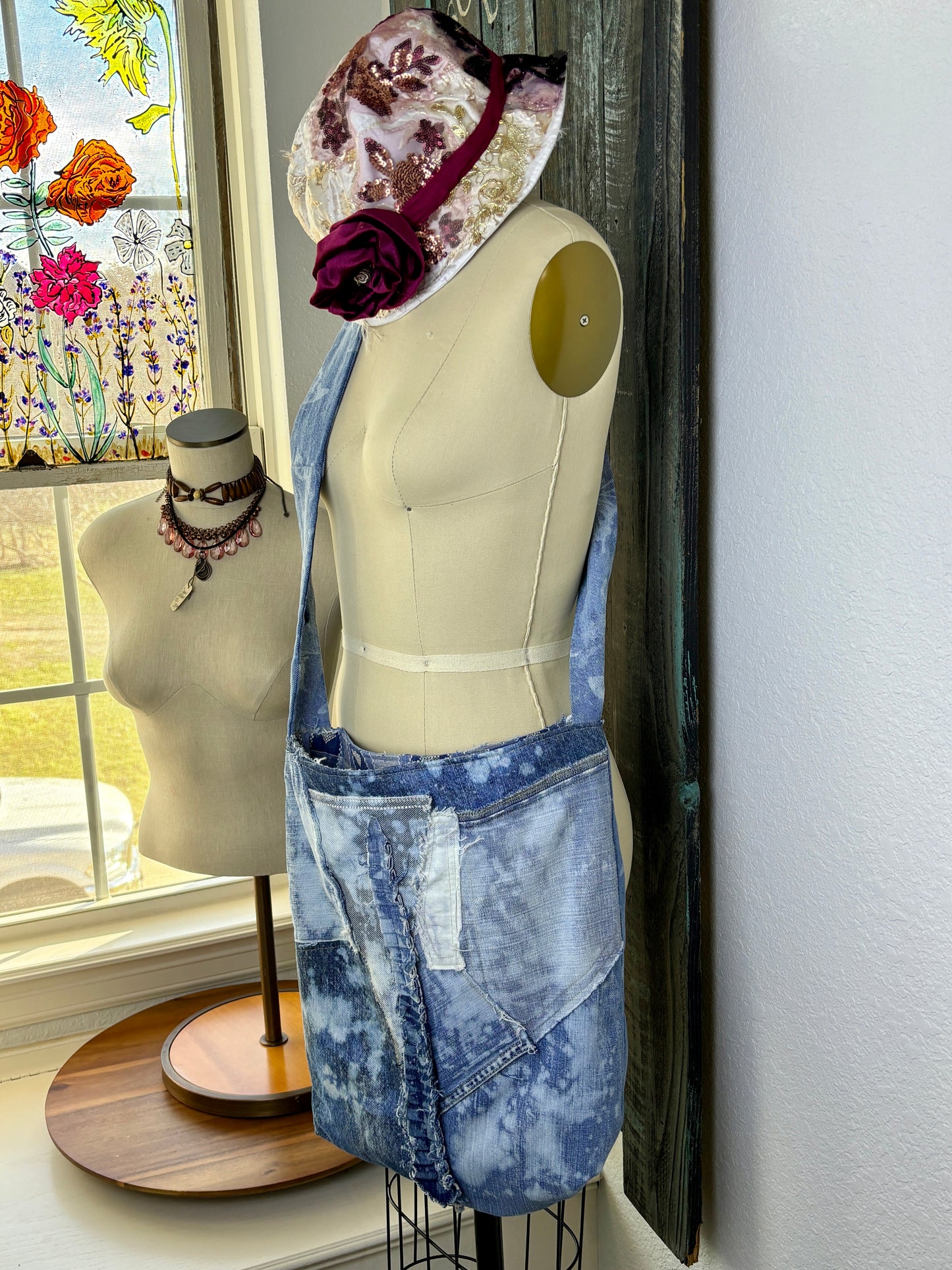 Up-Cycled Denim Jeans, Denim Purse, Classy Boho, Blue Frayed, Repurposed Shirt, Handmade, One of a Kind, Just South of Urban, Kim Spratto
