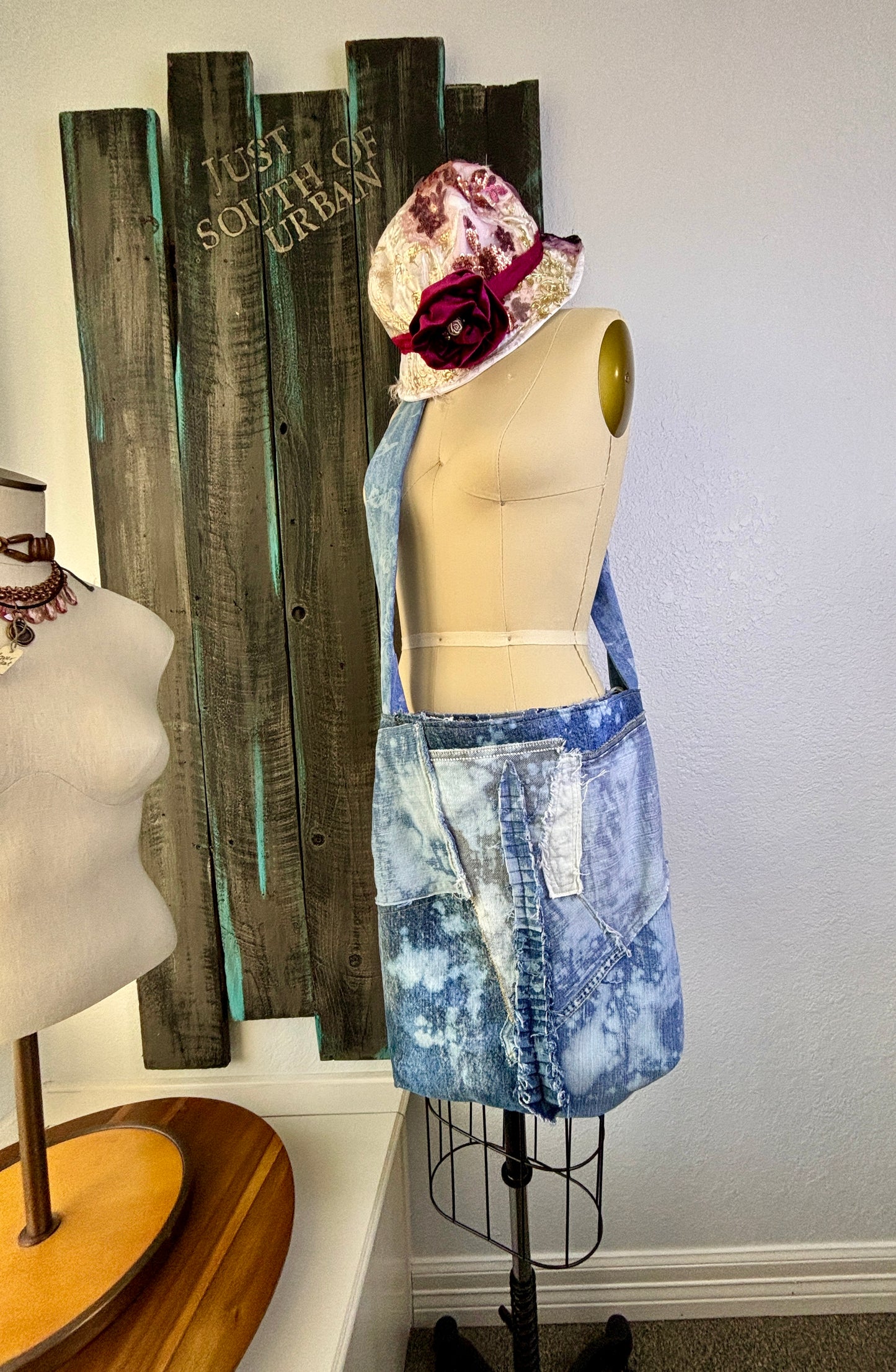 Up-Cycled Denim Jeans, Denim Purse, Classy Boho, Blue Frayed, Repurposed Shirt, Handmade, One of a Kind, Just South of Urban, Kim Spratto