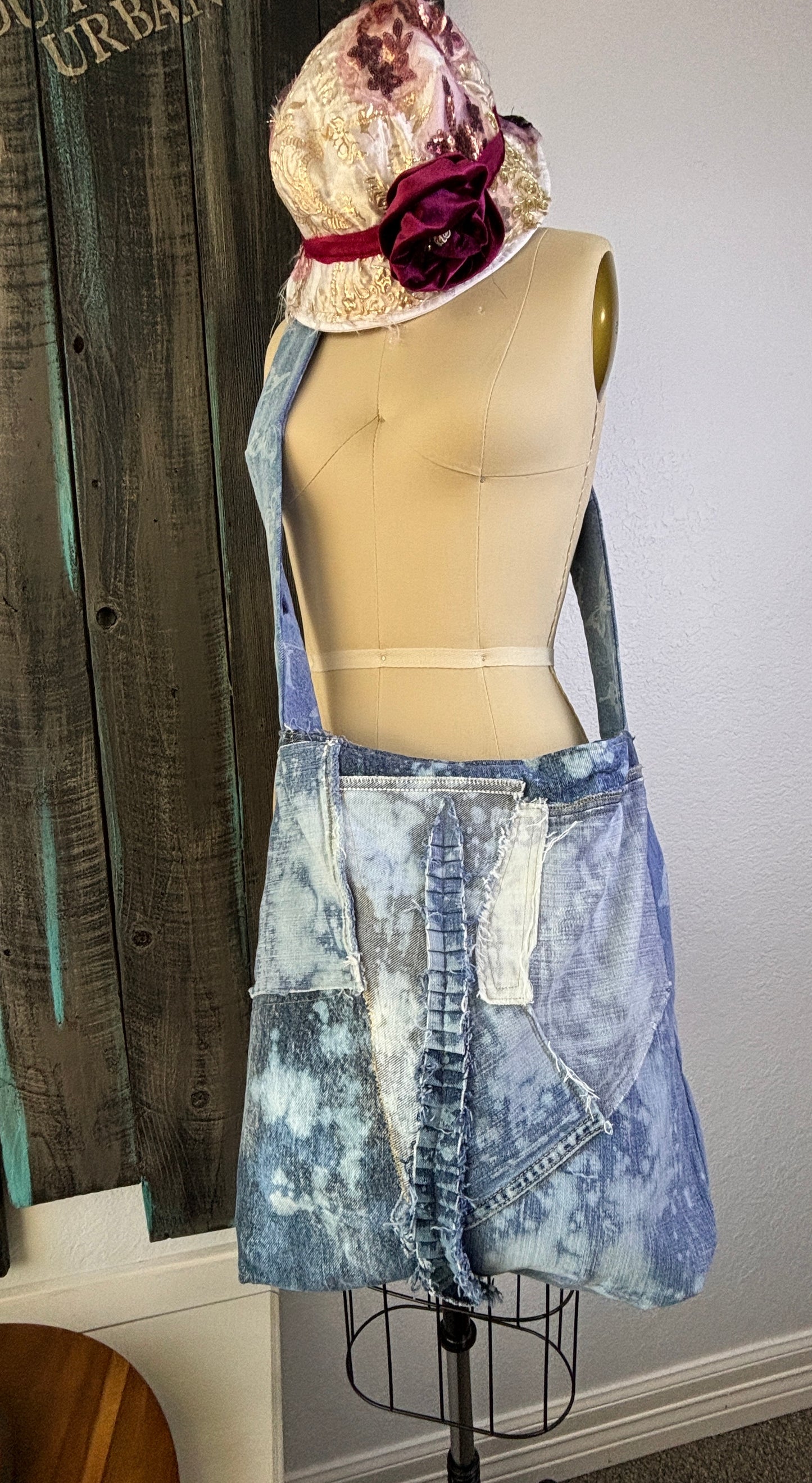 Up-Cycled Denim Jeans, Denim Purse, Classy Boho, Blue Frayed, Repurposed Shirt, Handmade, One of a Kind, Just South of Urban, Kim Spratto