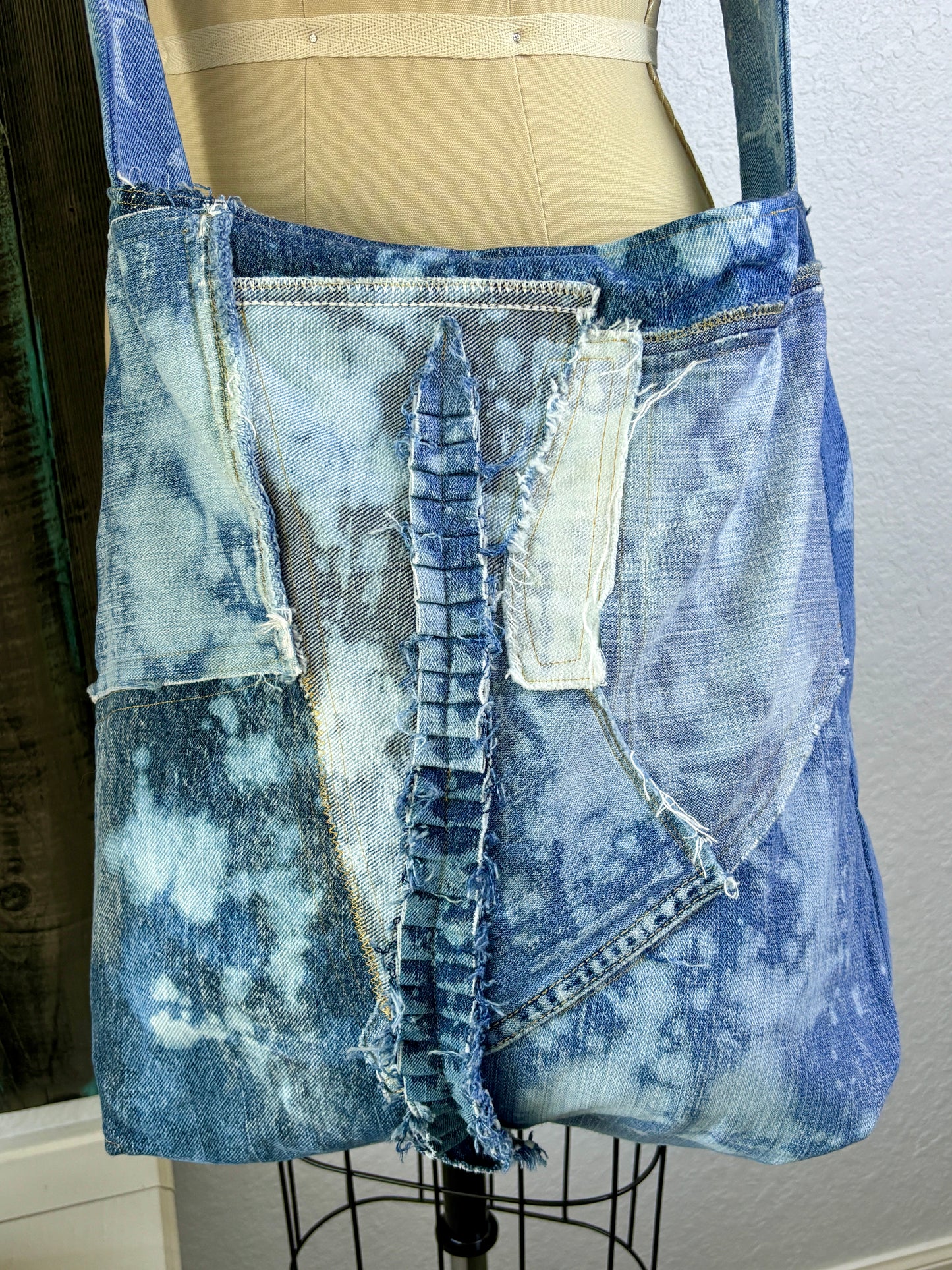 Up-Cycled Denim Jeans, Denim Purse, Classy Boho, Blue Frayed, Repurposed Shirt, Handmade, One of a Kind, Just South of Urban, Kim Spratto