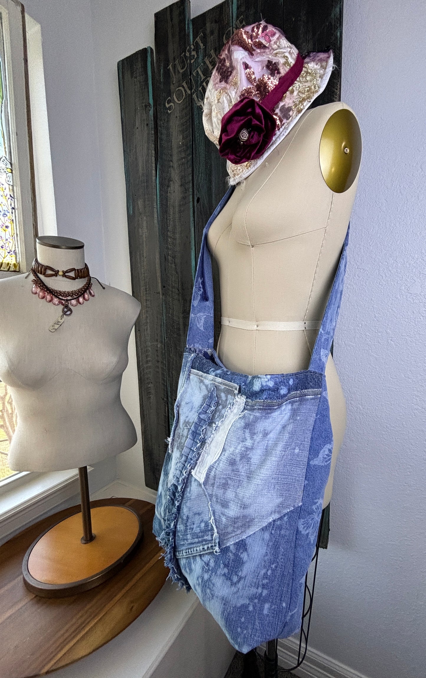 Up-Cycled Denim Jeans, Denim Purse, Classy Boho, Blue Frayed, Repurposed Shirt, Handmade, One of a Kind, Just South of Urban, Kim Spratto