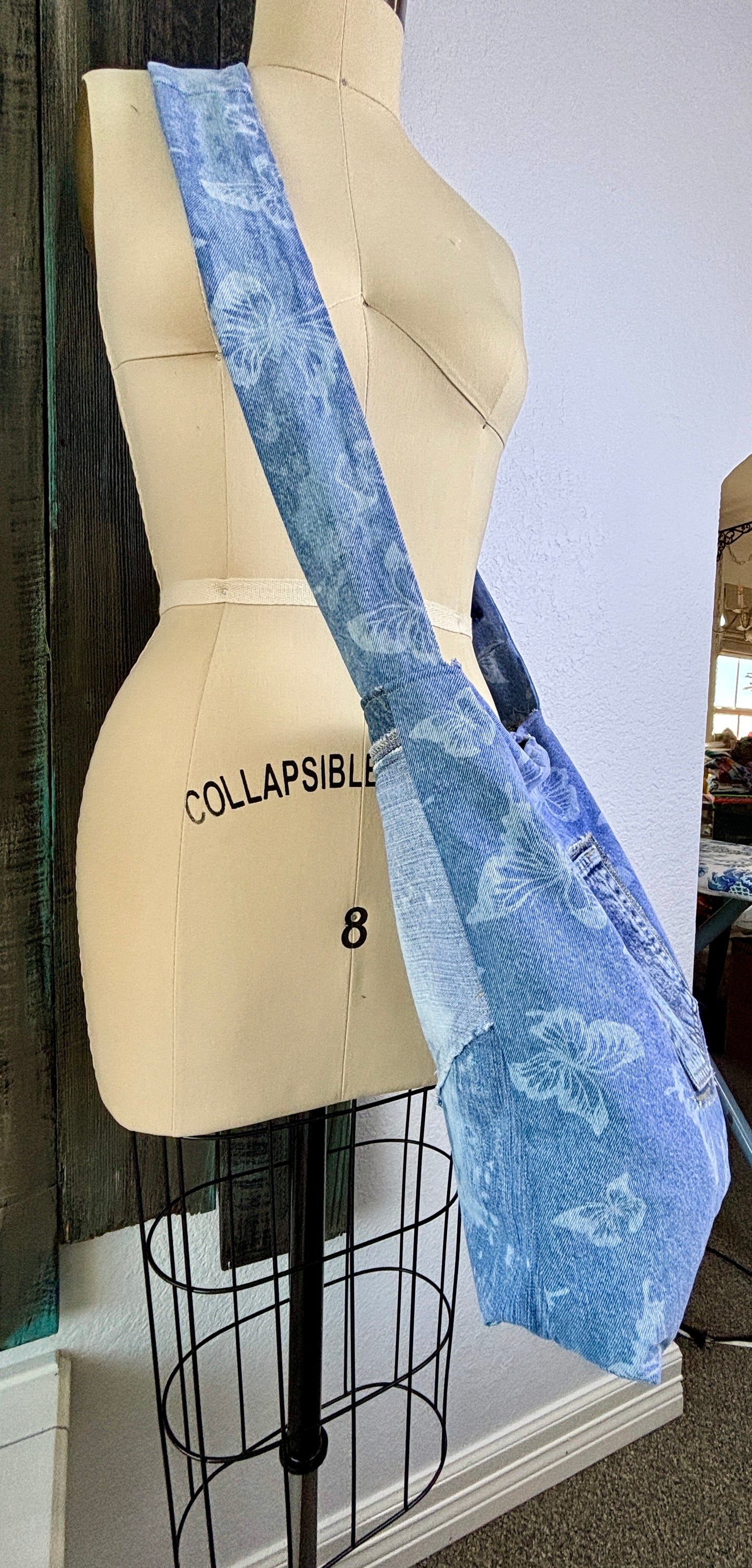 Up-Cycled Denim Jeans, Denim Purse, Classy Boho, Blue Frayed, Repurposed Shirt, Handmade, One of a Kind, Just South of Urban, Kim Spratto