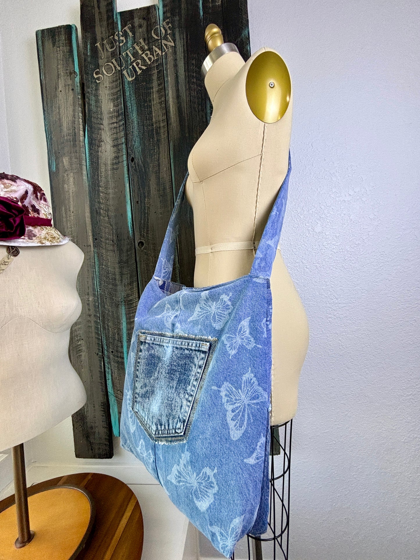 Up-Cycled Denim Jeans, Denim Purse, Classy Boho, Blue Frayed, Repurposed Shirt, Handmade, One of a Kind, Just South of Urban, Kim Spratto