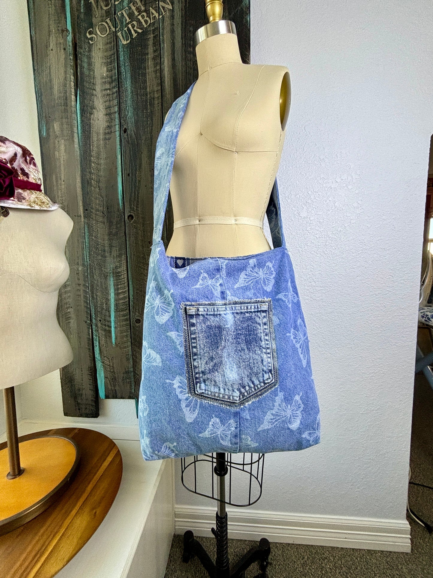 Up-Cycled Denim Jeans, Denim Purse, Classy Boho, Blue Frayed, Repurposed Shirt, Handmade, One of a Kind, Just South of Urban, Kim Spratto