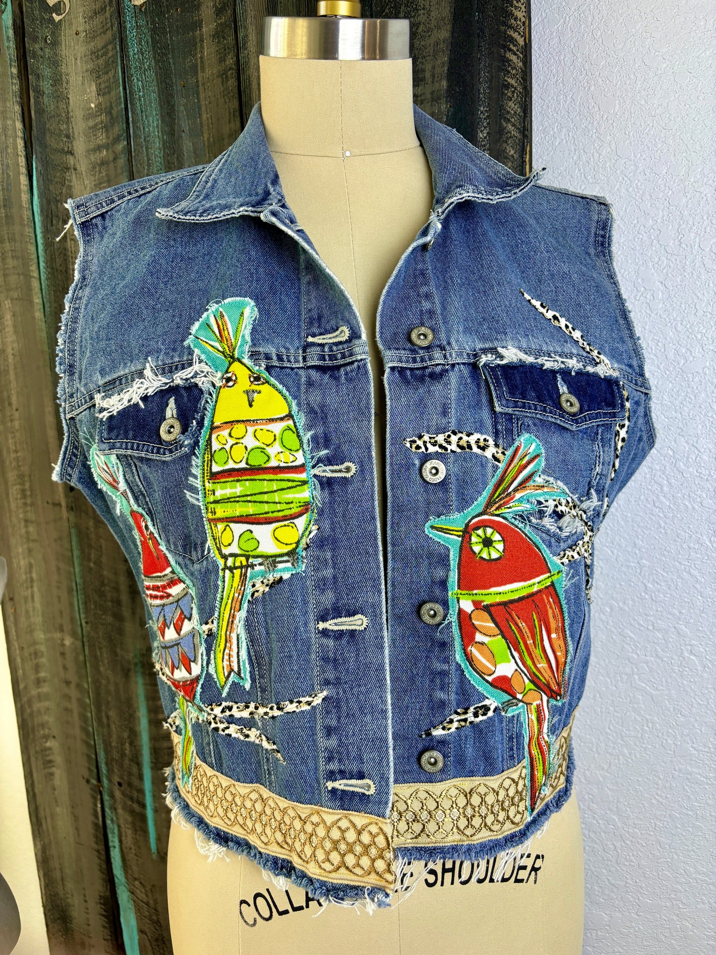 Up-Cycled Denim Vest, Boho, Shabby Chic, Whimsical Weird Birds, Colorful, Handmade, One of a Kind, Kim Spratto, Just South of Urban
