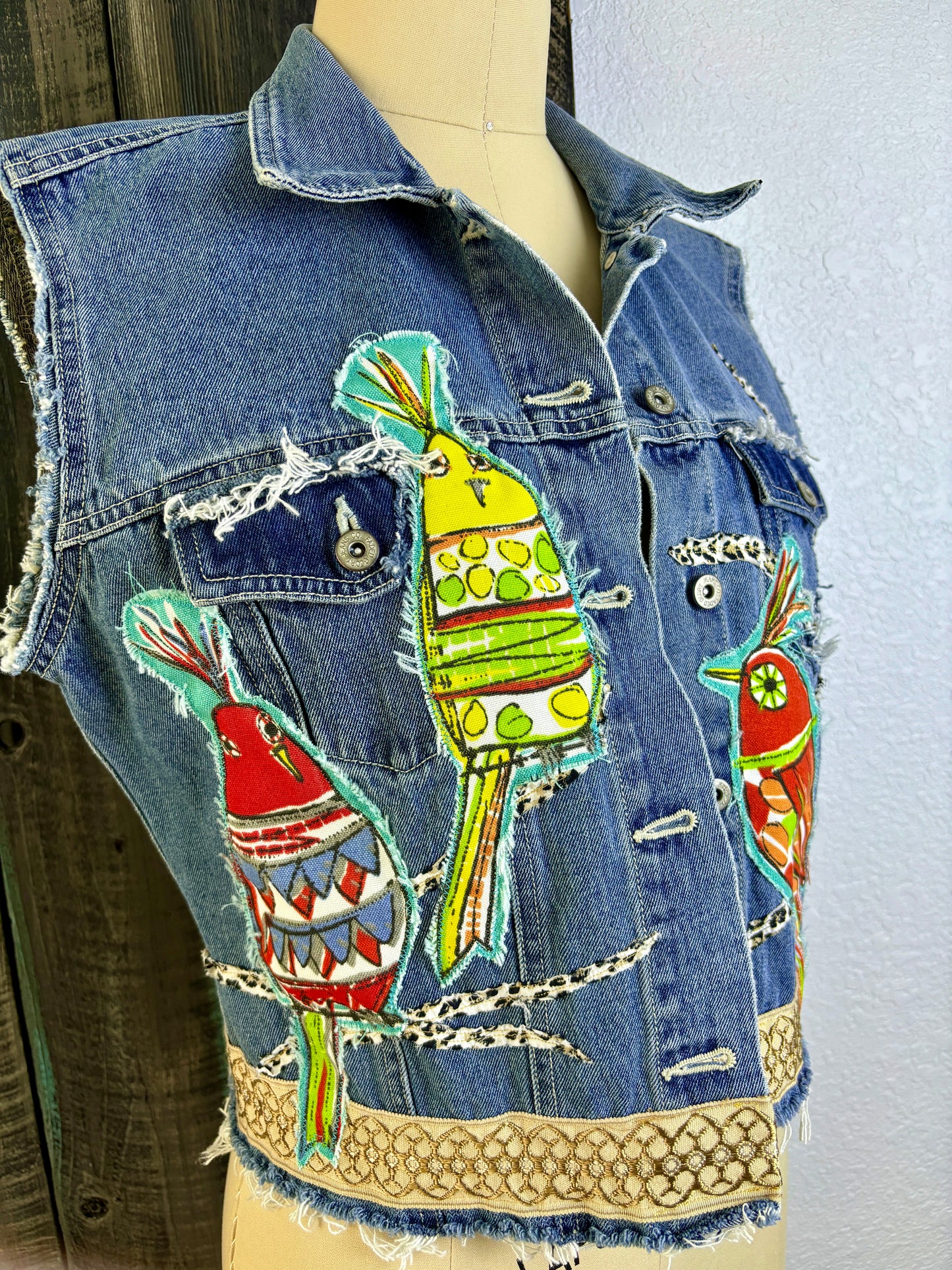 Up-Cycled Denim Vest, Boho, Shabby Chic, Whimsical Weird Birds, Colorful, Handmade, One of a Kind, Kim Spratto, Just South of Urban