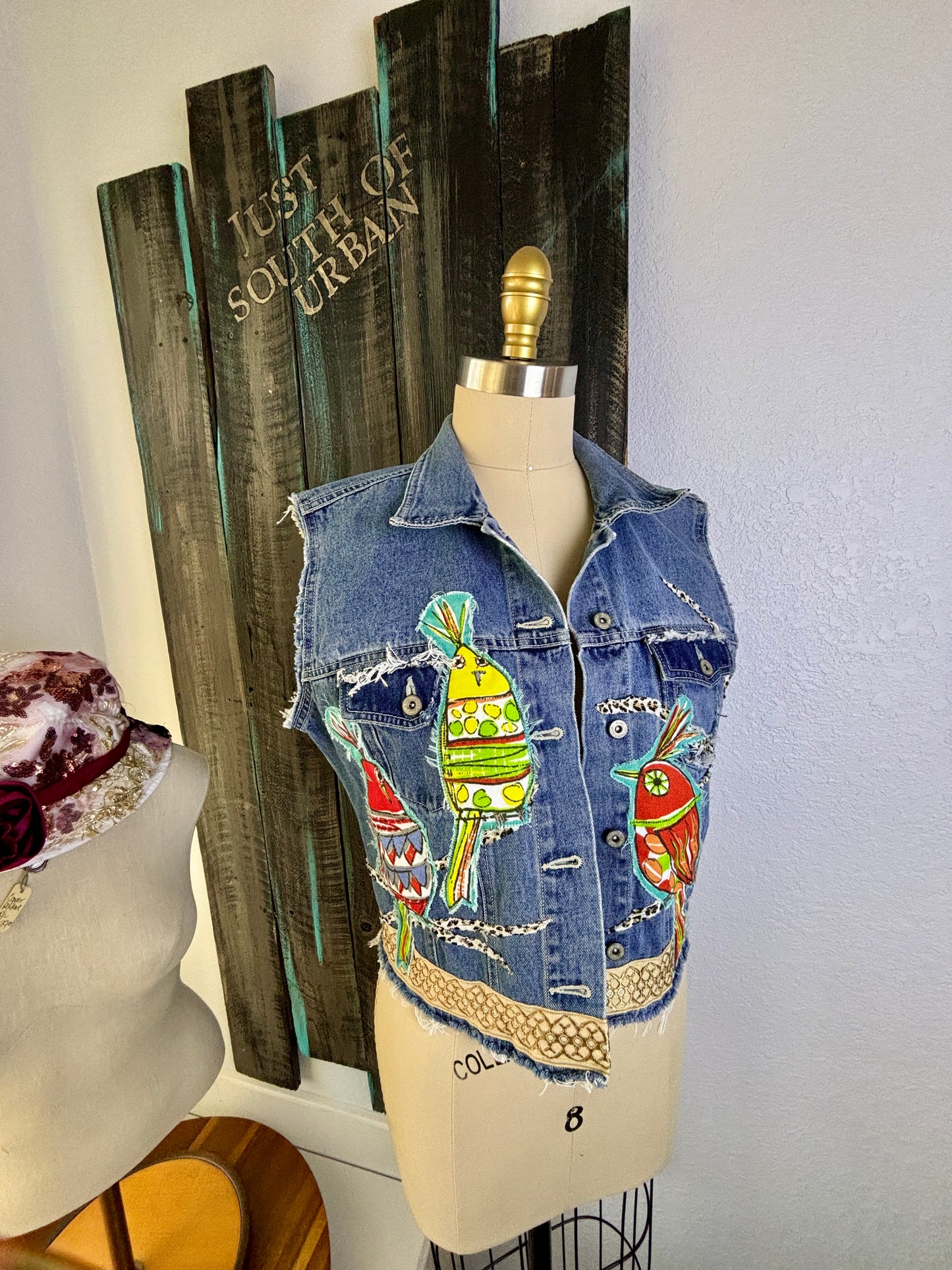 Up-Cycled Denim Vest, Boho, Shabby Chic, Whimsical Weird Birds, Colorful, Handmade, One of a Kind, Kim Spratto, Just South of Urban
