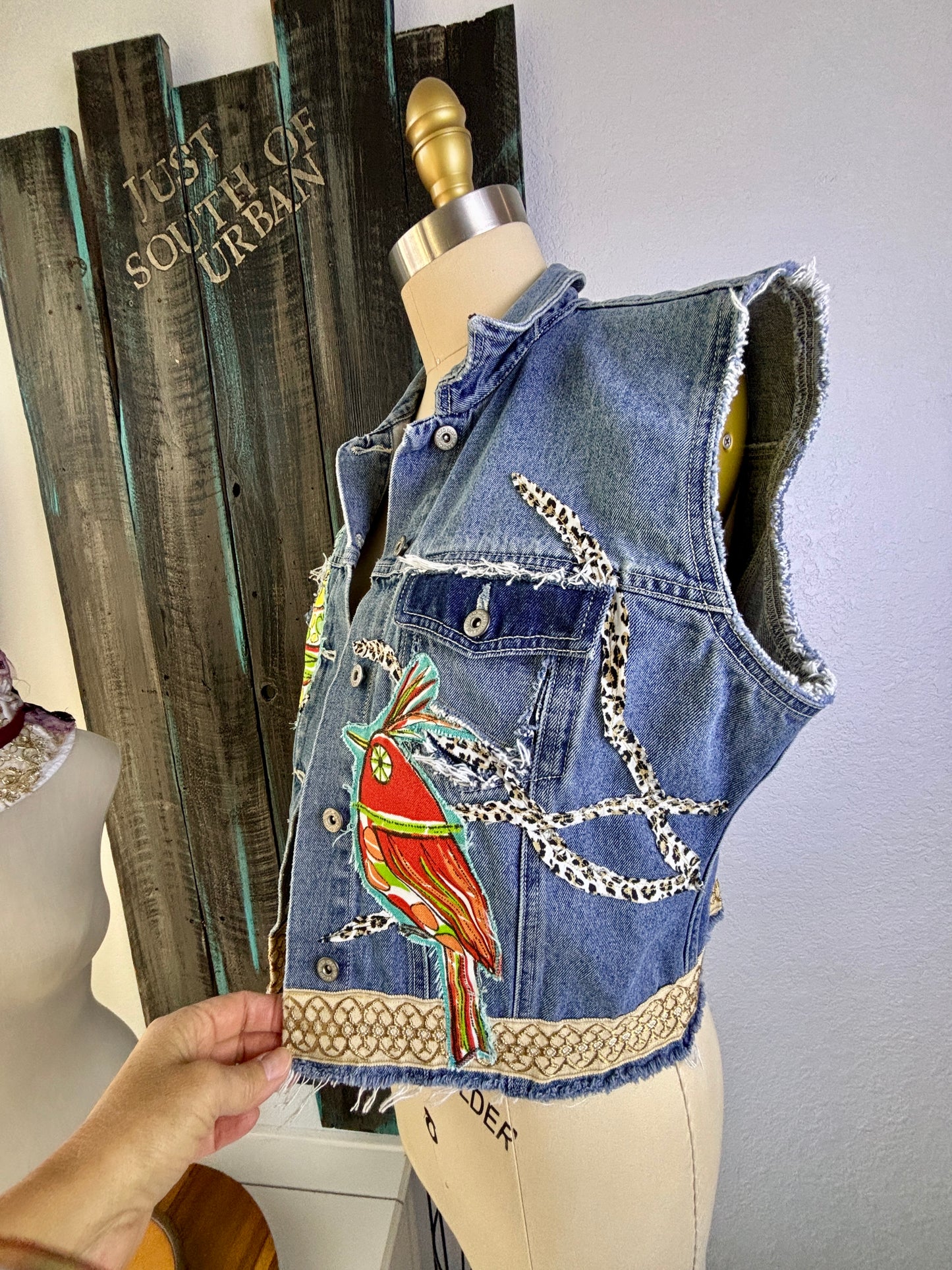 Up-Cycled Denim Vest, Boho, Shabby Chic, Whimsical Weird Birds, Colorful, Handmade, One of a Kind, Kim Spratto, Just South of Urban