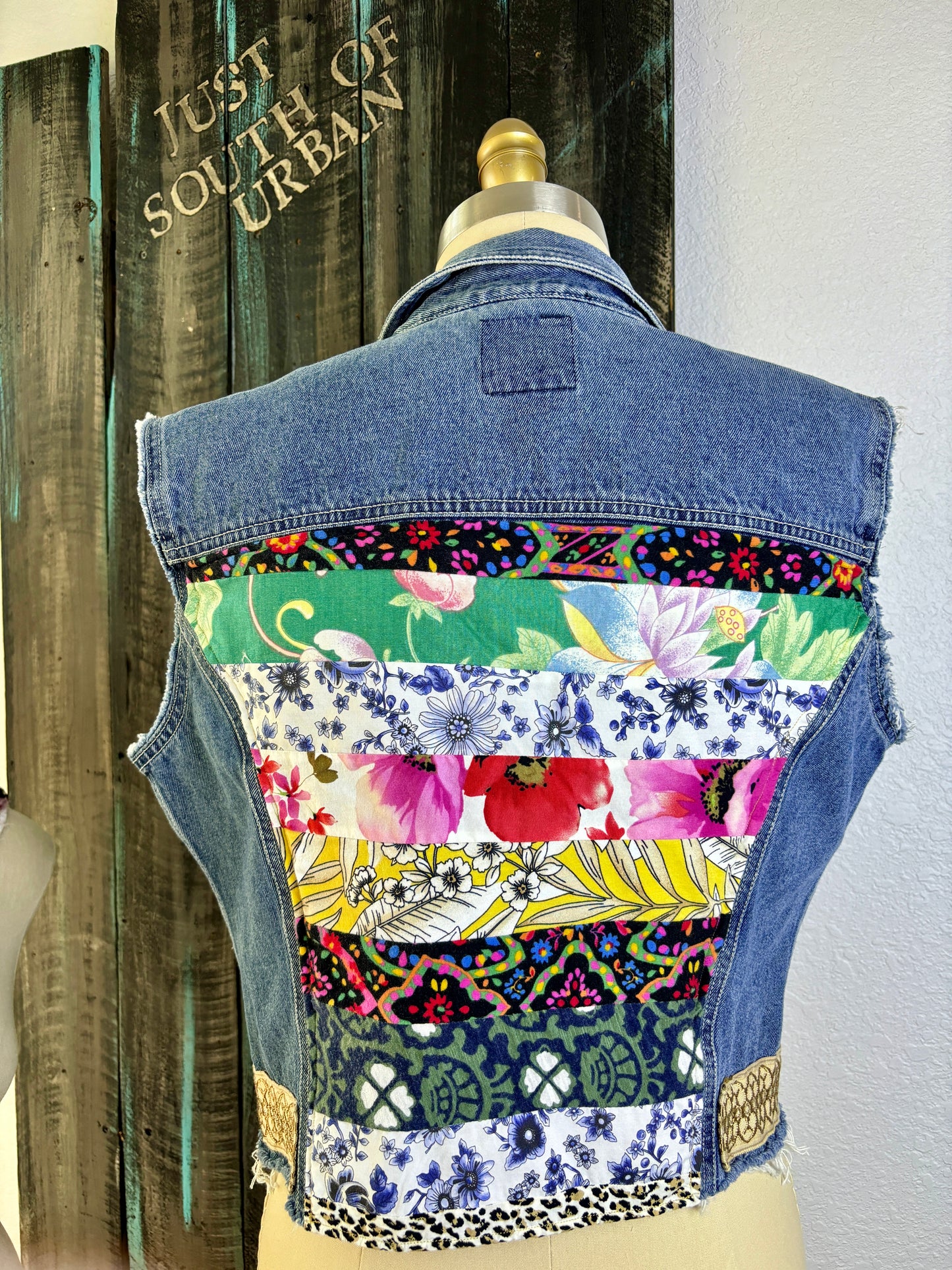 Up-Cycled Denim Vest, Boho, Shabby Chic, Whimsical Weird Birds, Colorful, Handmade, One of a Kind, Kim Spratto, Just South of Urban