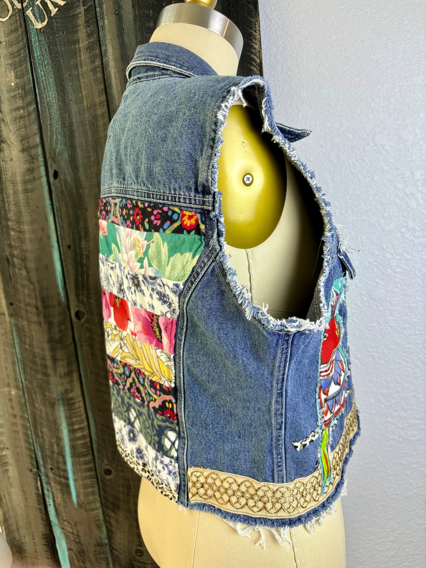 Up-Cycled Denim Vest, Boho, Shabby Chic, Whimsical Weird Birds, Colorful, Handmade, One of a Kind, Kim Spratto, Just South of Urban