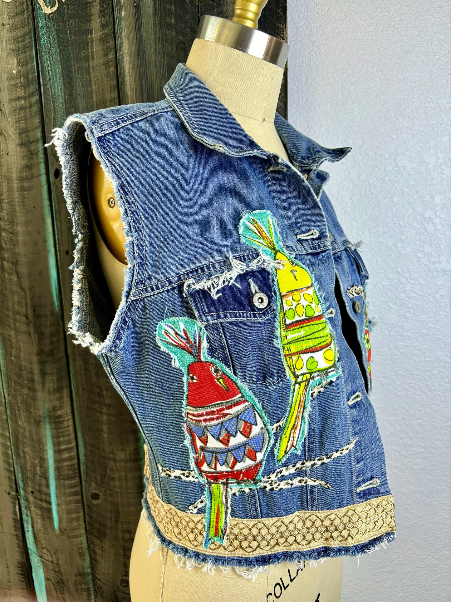 Up-Cycled Denim Vest, Boho, Shabby Chic, Whimsical Weird Birds, Colorful, Handmade, One of a Kind, Kim Spratto, Just South of Urban