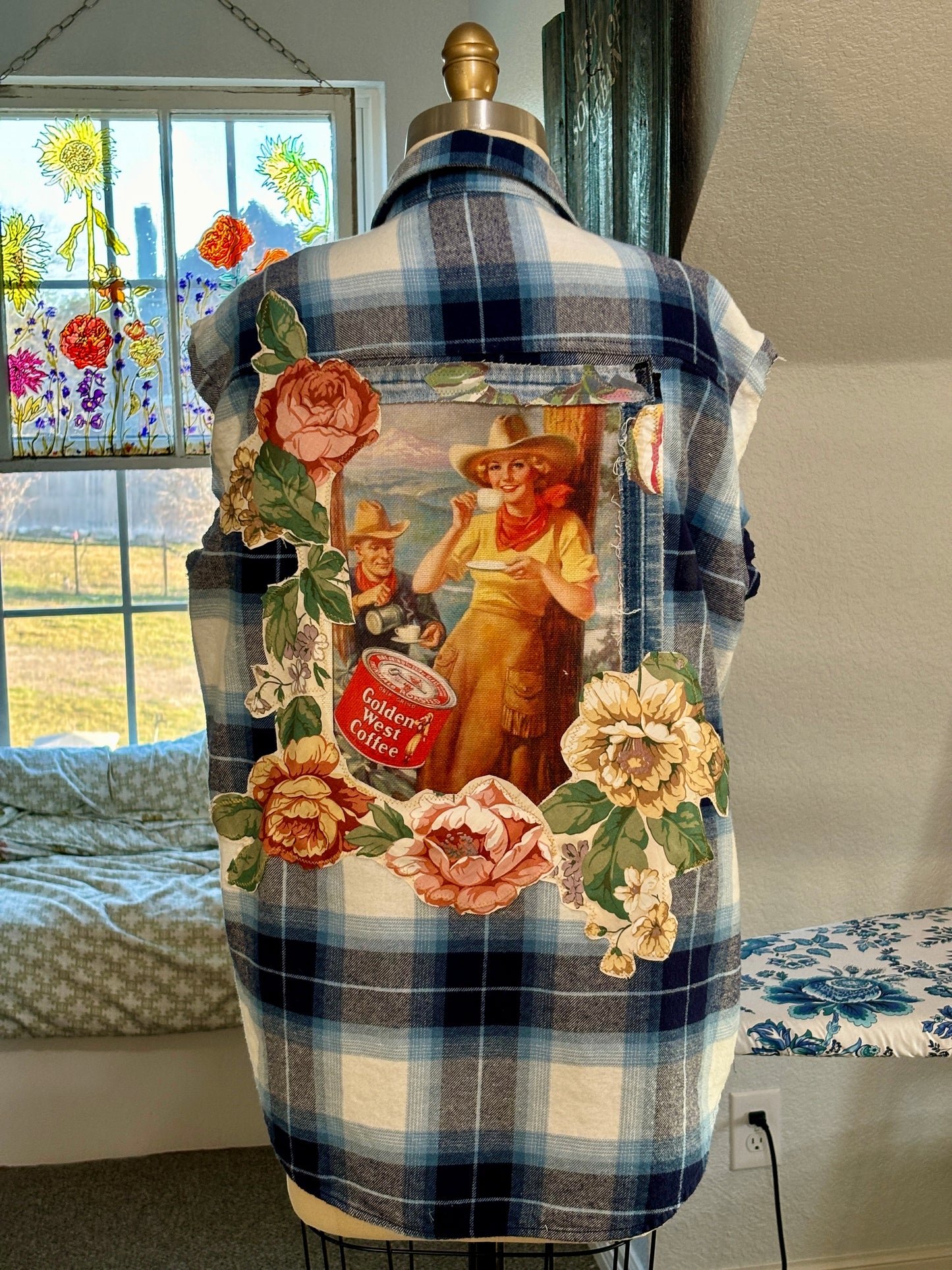 Up-Cycled Mens Flannel Shirt Vest Western Bohemian Retro Vintage Ads, Re-designed by Kim Spratto Just South of Urban