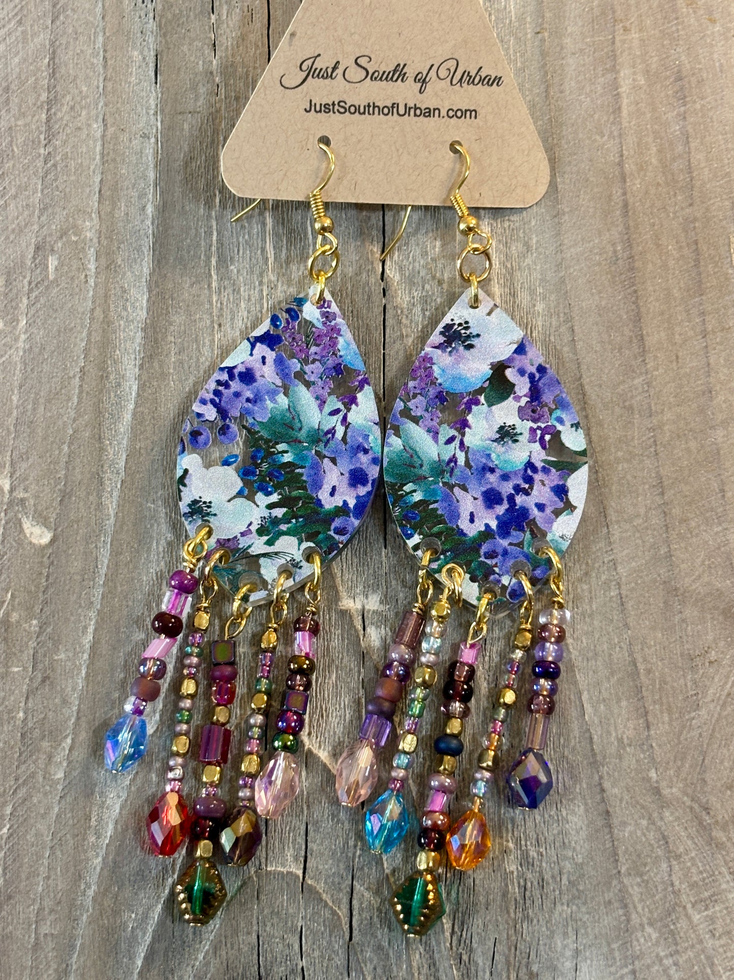 Festival Tear Drop Acrylic Floral and Beaded Earrings, Long Sexy 4.5"