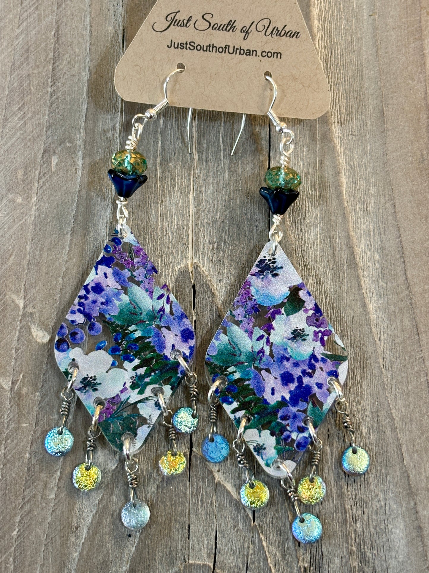 Iridescent Hydrangea Acrylic and Beaded Earrings, Long 4"