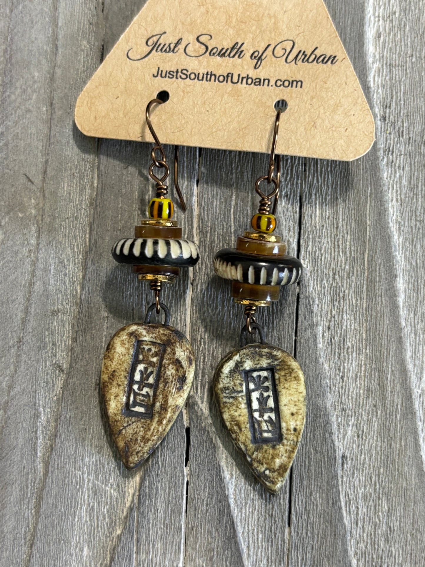 Fine Art Earrings, Tribal Ceramic Art, Carved Bone