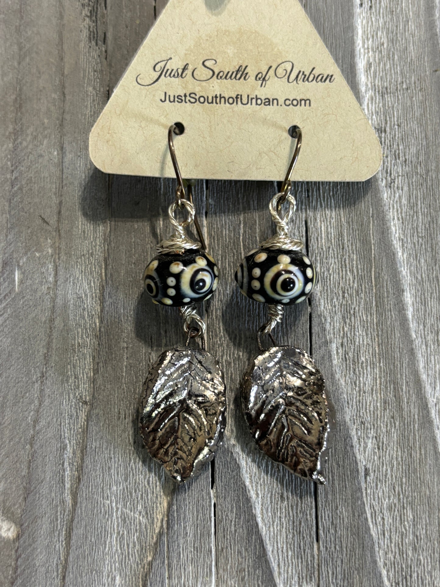 Silver tone Leaf Porcelain handmade dangle with handmade Lampwork Beads