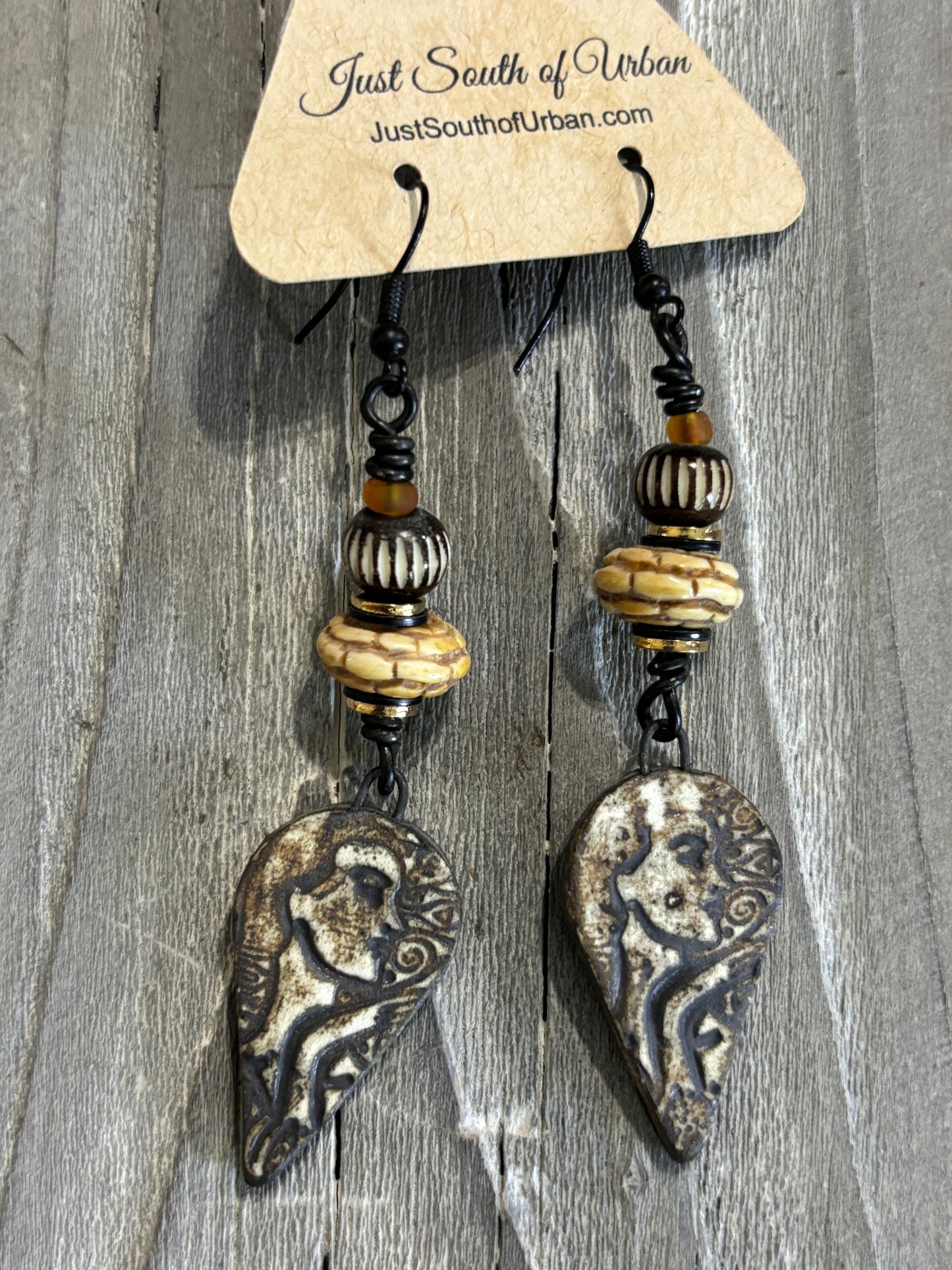 Old World Primitive Porcelain Earrings, Rustic Boho Grungy Jewelry