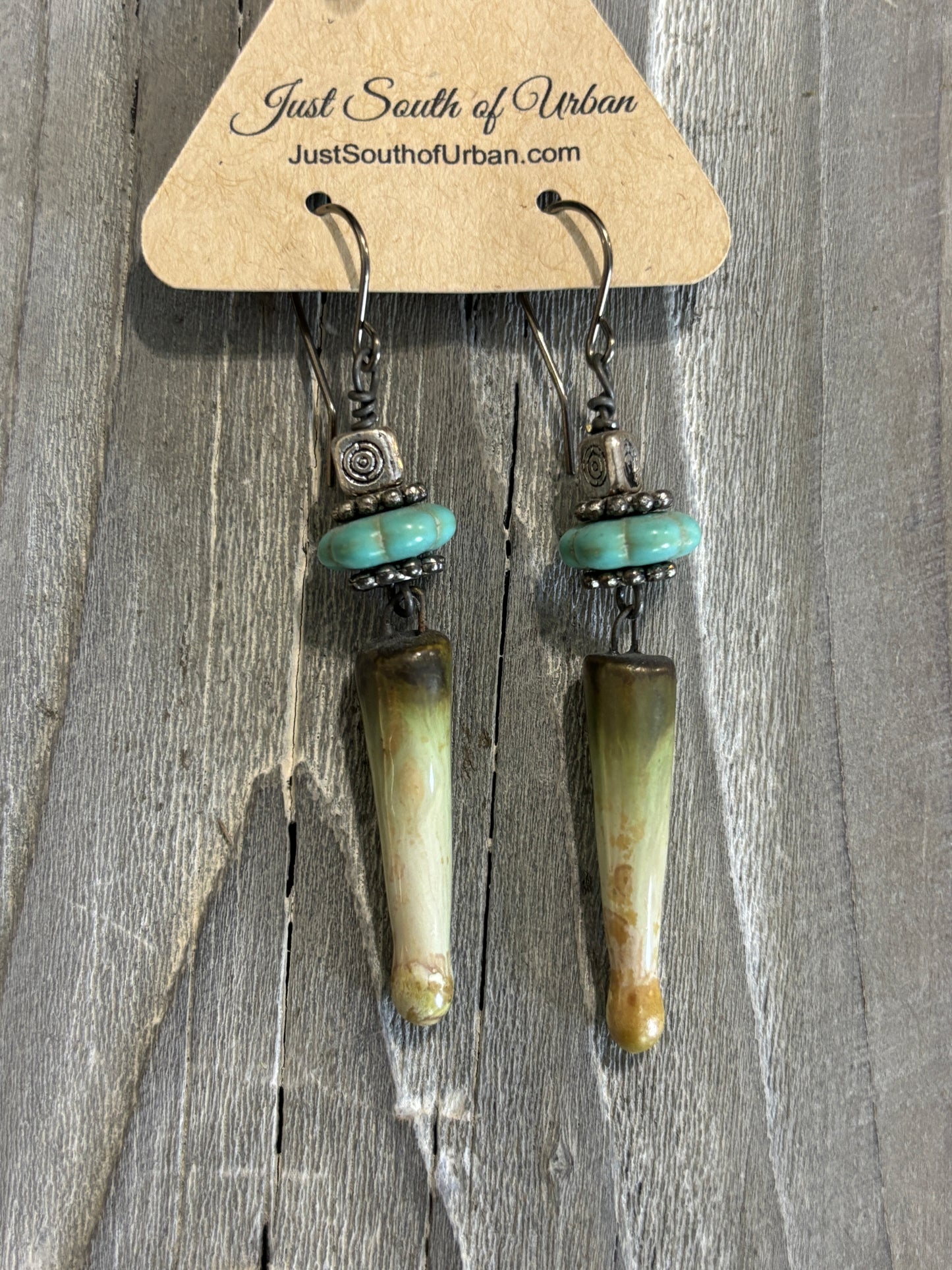 Grungy Ceramic Spike and Turquoise Earrings with Silver toned beads, 3" Long
