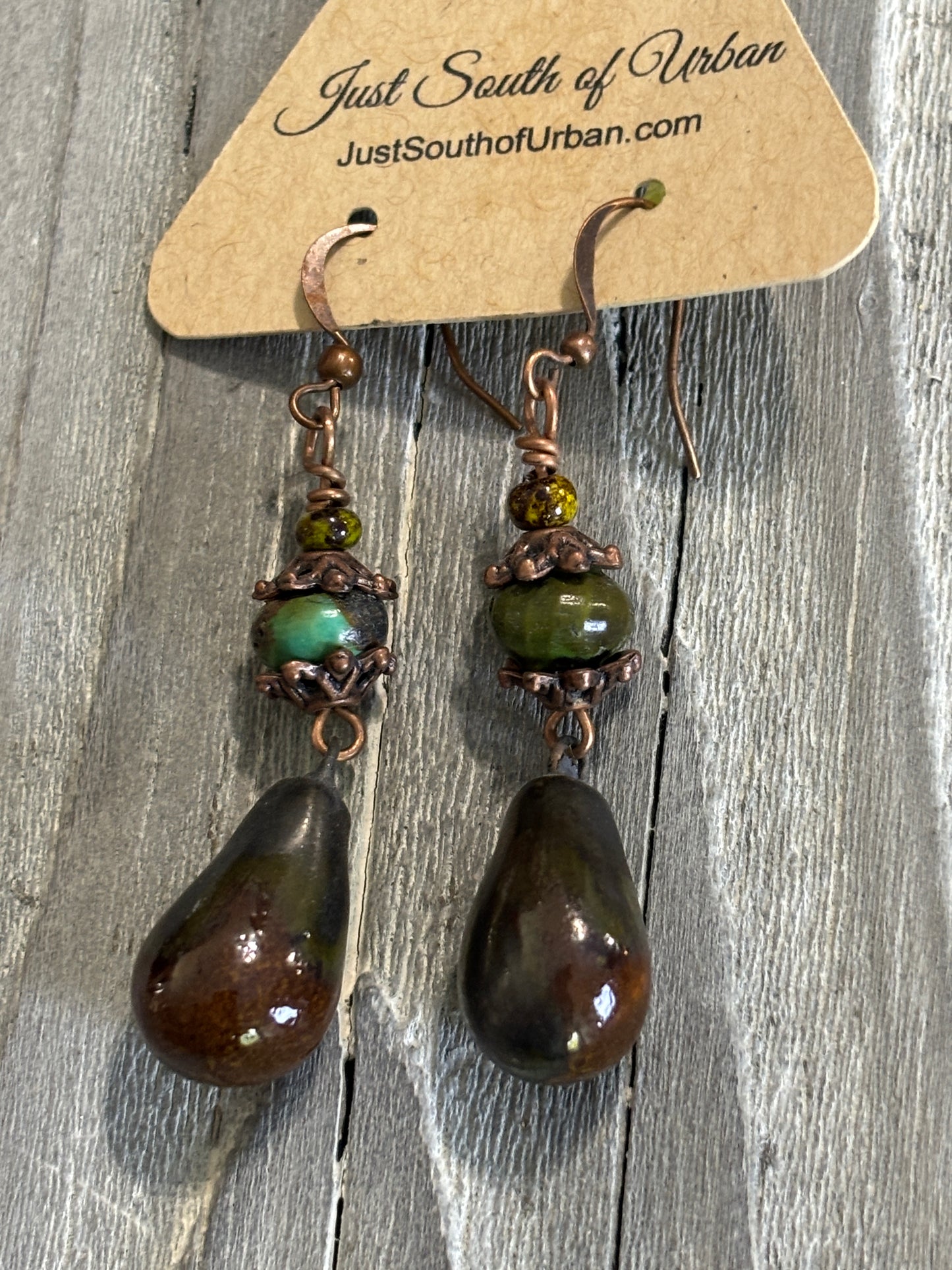 Scorched Earth Stoneware, Copper and Turquoise Earrings, 2.5" Long