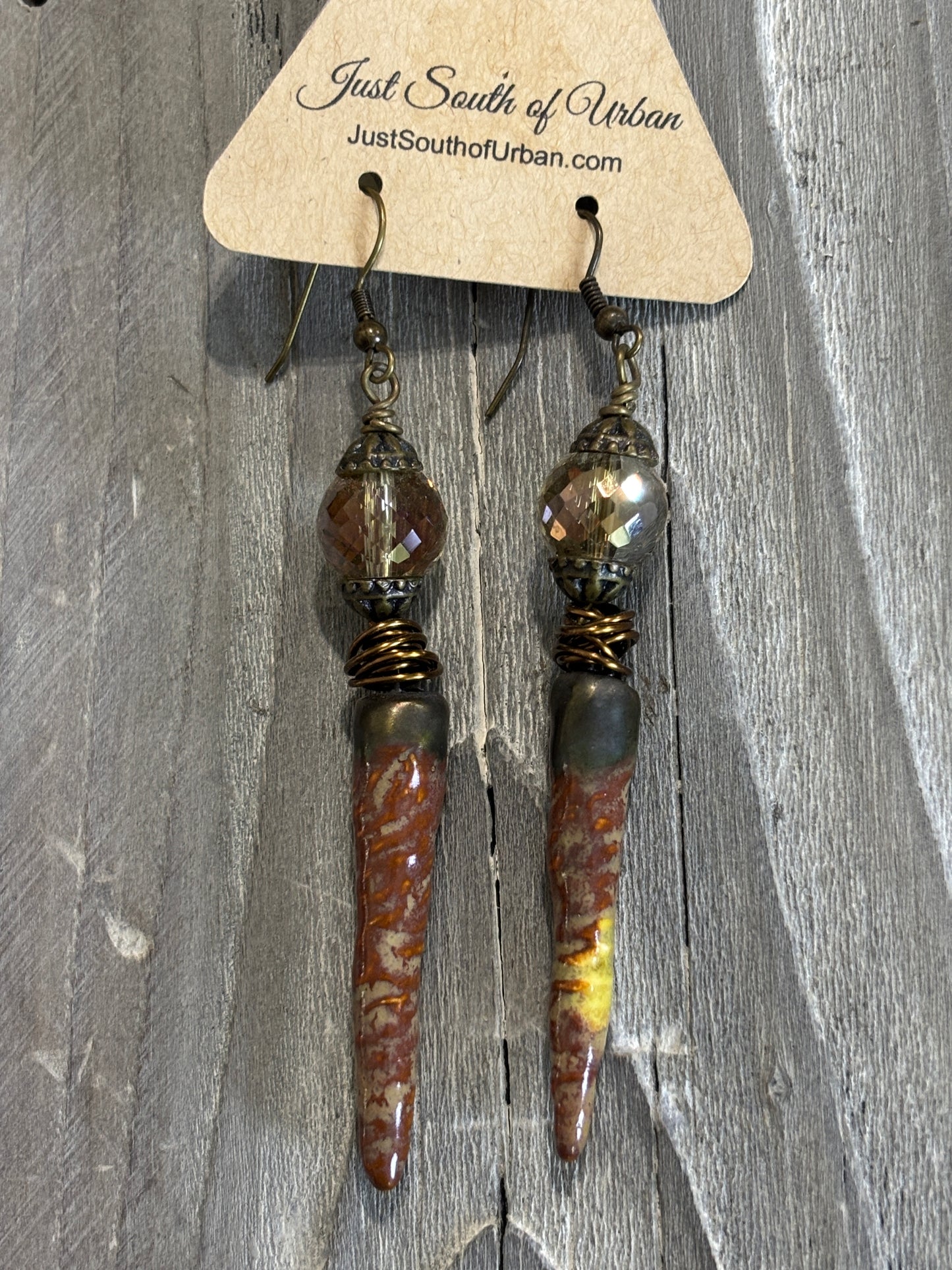 Grungy Brown and Bronze Ceramic Spikes and Faceted Crystal Earrings, 3.5" long