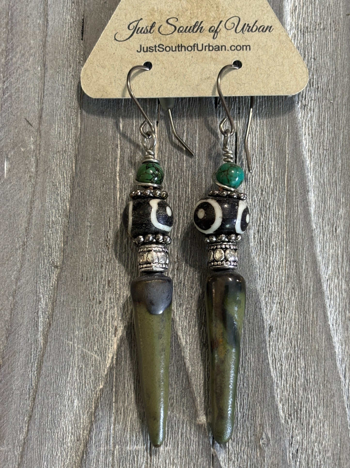 Grungy Green and Bronzed Spike Earrings with Silver and Batik beads, 3" Long Niobium Hypo-Allergenic Ear Wires