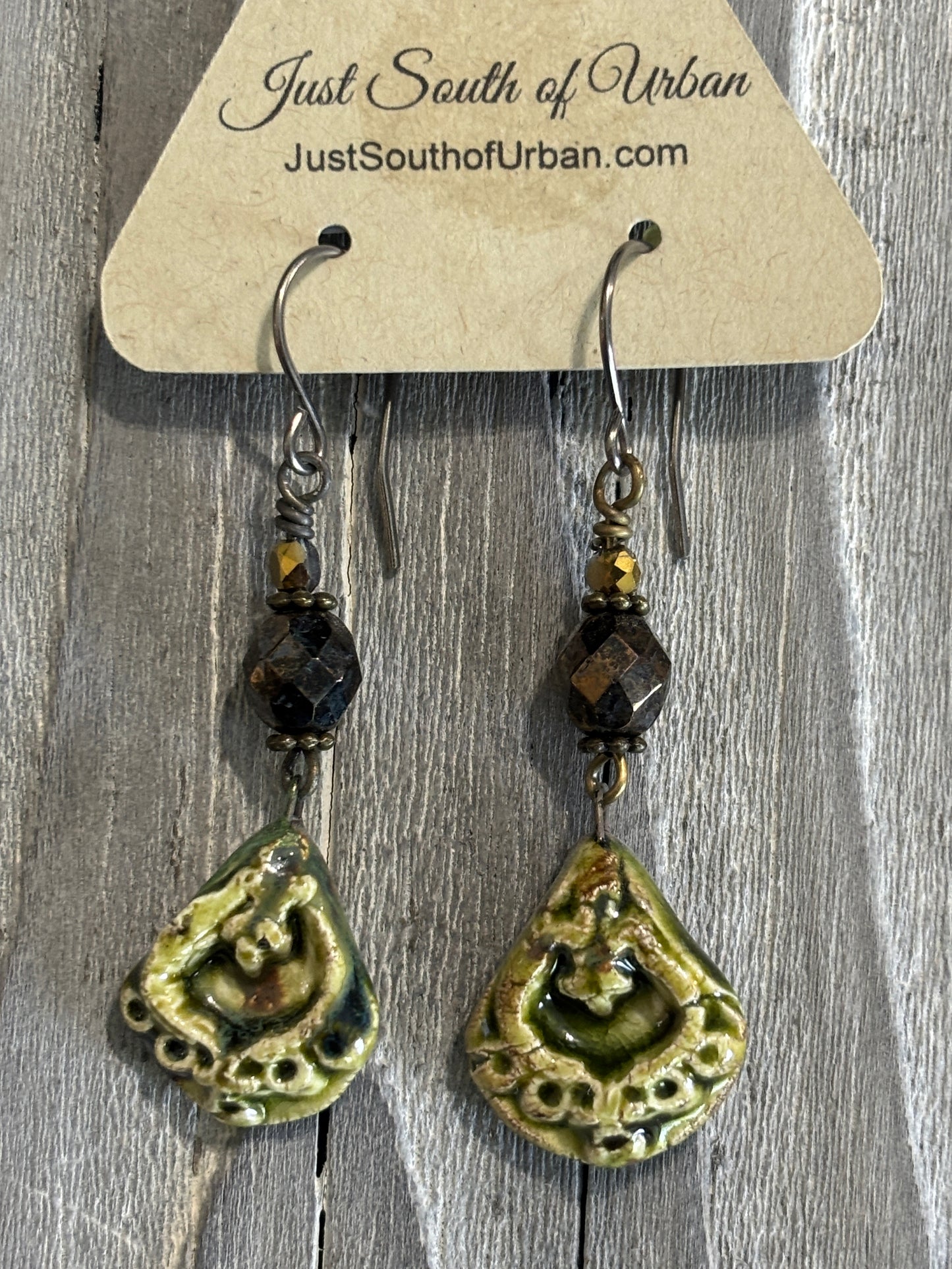 Rustic Grunge Stoneware and Glass Beaded Earrings, 2 3/8", Lightweight Green, Bronze and Gold Faceted Beads