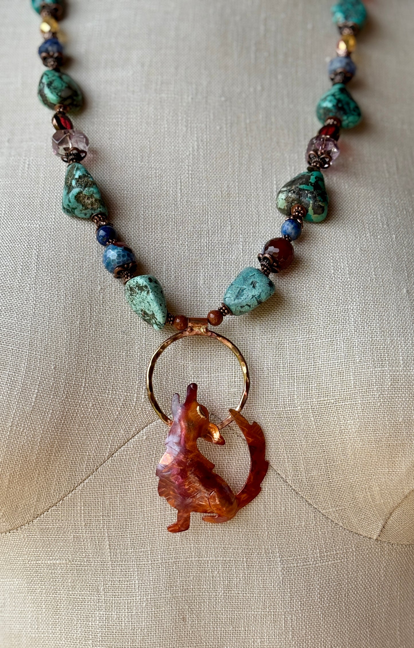 Authentic Turquoise and Gemstone Necklace with Artisan hand crafted Coyote/Wolf Copper Pendant