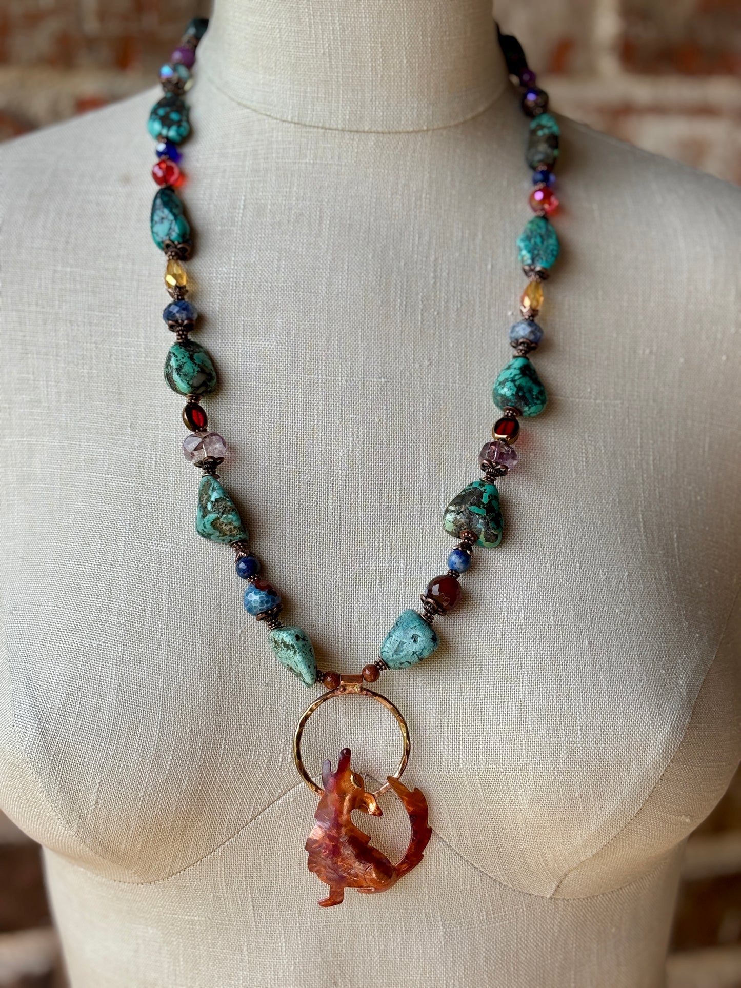 Authentic Turquoise and Gemstone Necklace with Artisan hand crafted Coyote/Wolf Copper Pendant