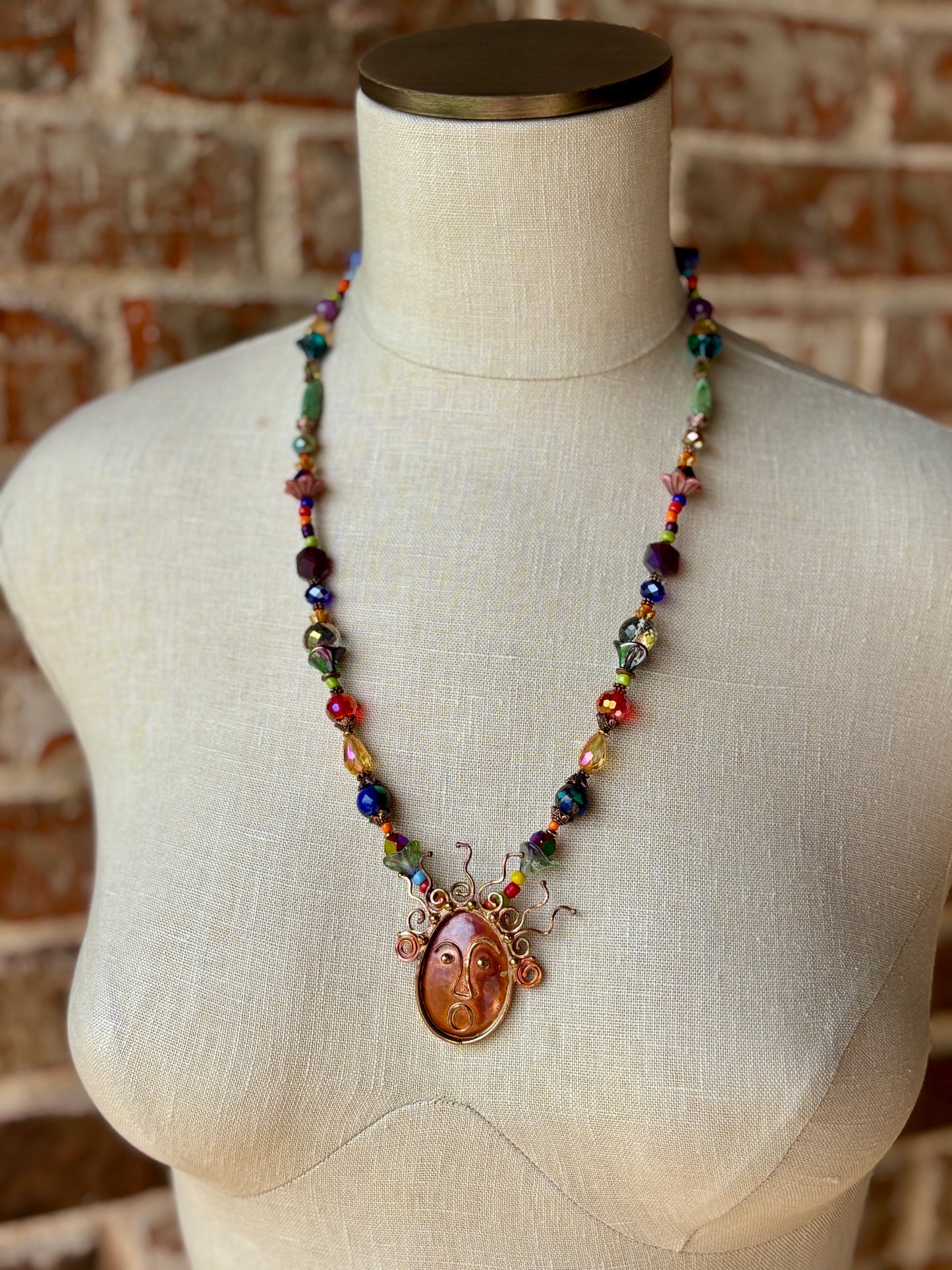 Crazy Hair Day Artisan Crafted Copper Pendant Necklace Flooded with Vibrant Faceted Glass Beads