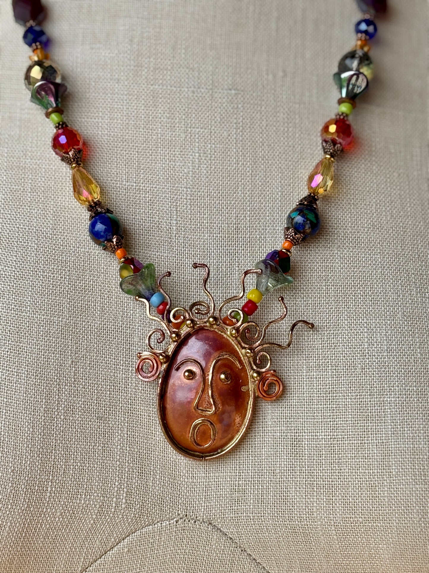 Crazy Hair Day Artisan Crafted Copper Pendant Necklace Flooded with Vibrant Faceted Glass Beads