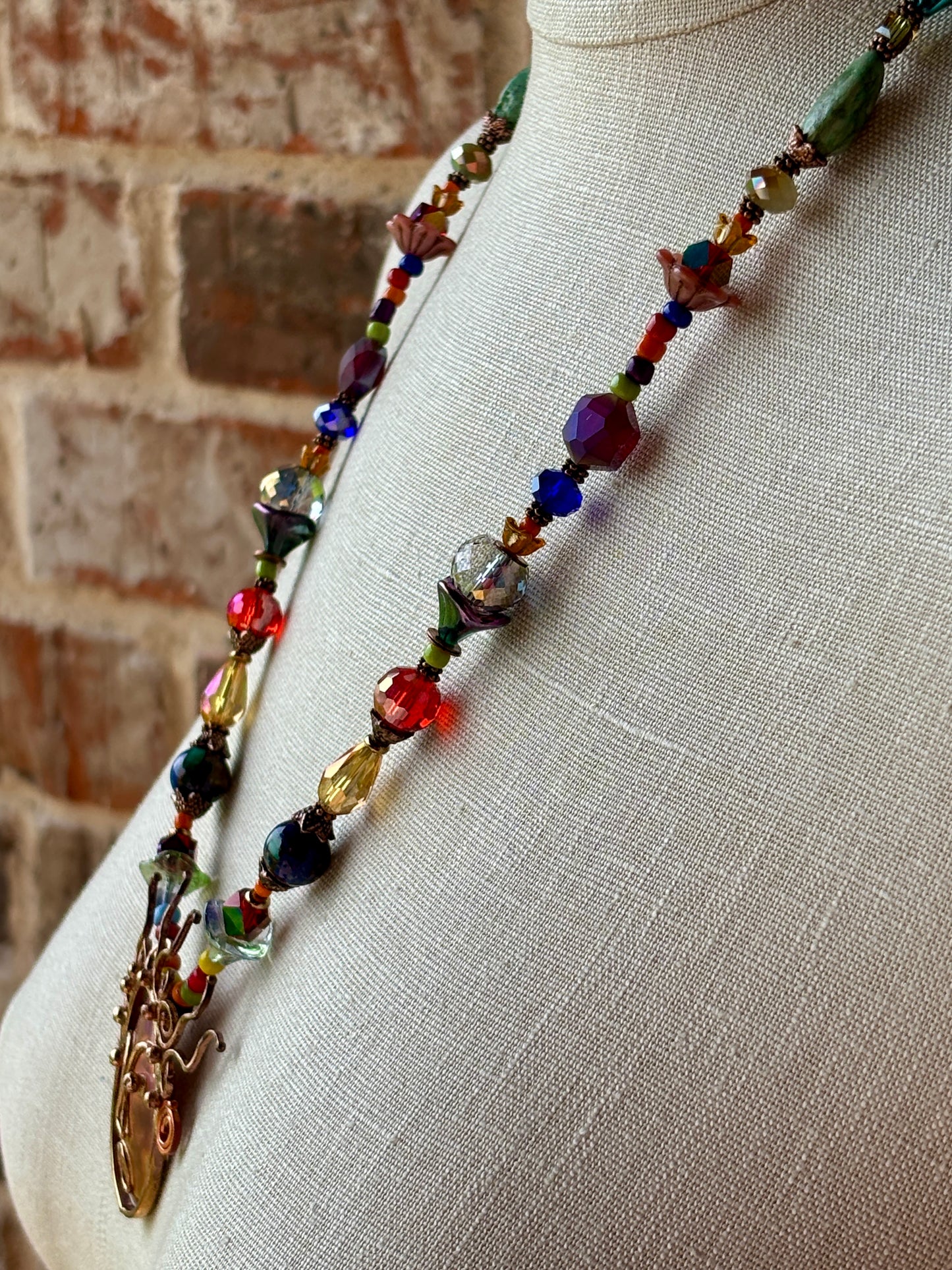 Crazy Hair Day Artisan Crafted Copper Pendant Necklace Flooded with Vibrant Faceted Glass Beads