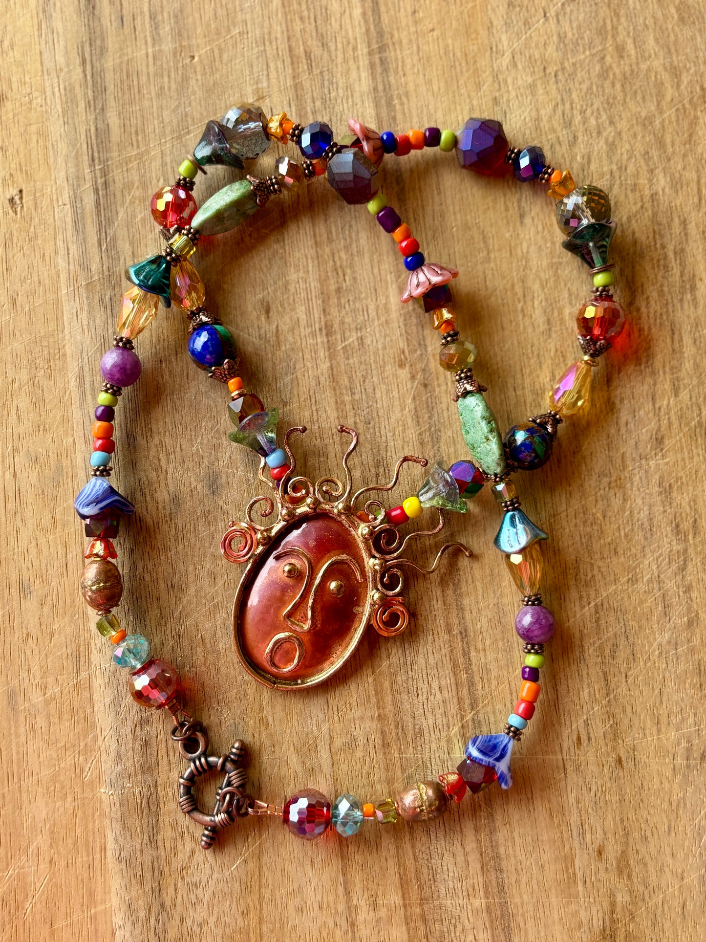 Crazy Hair Day Artisan Crafted Copper Pendant Necklace Flooded with Vibrant Faceted Glass Beads