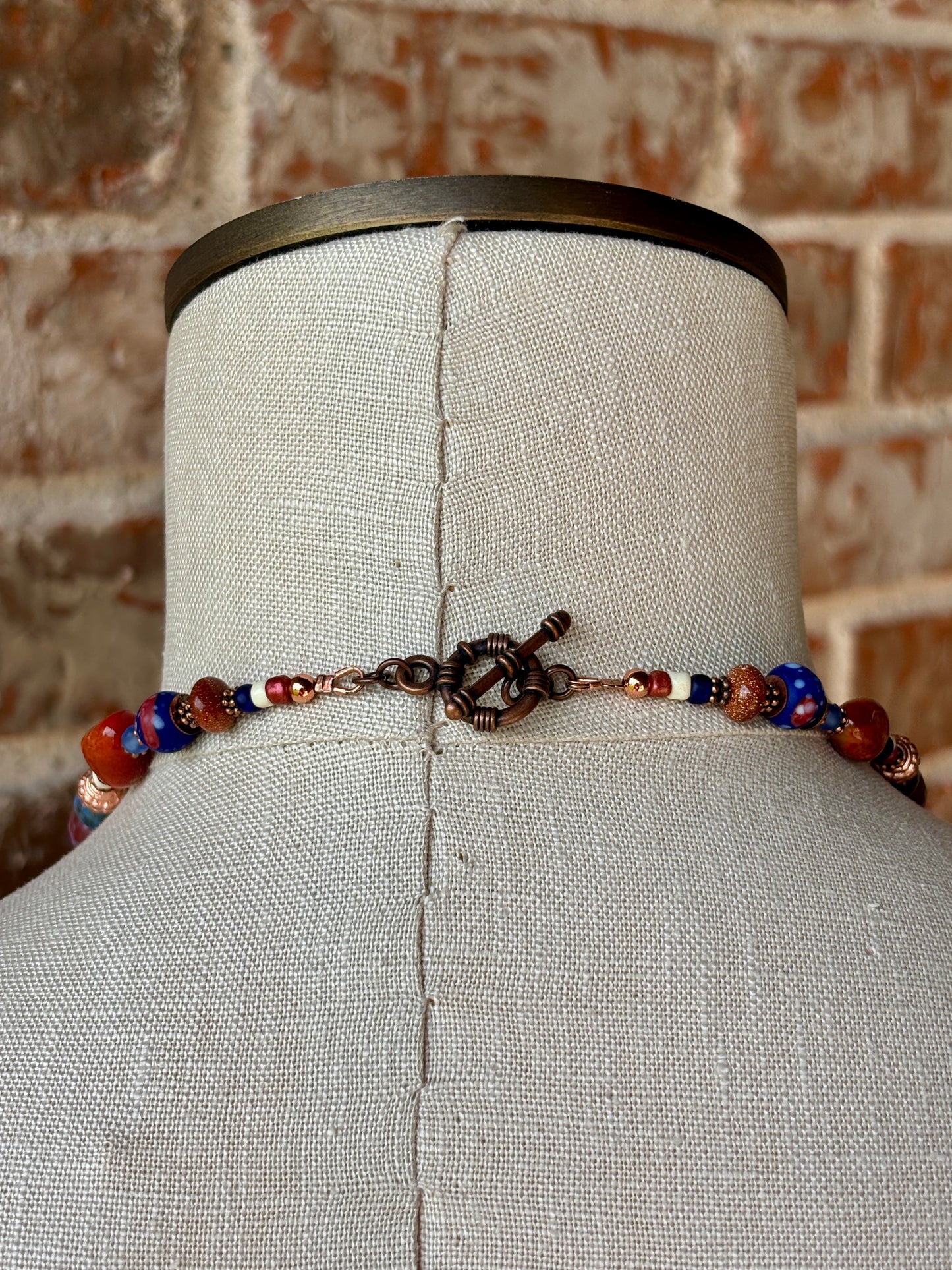 Artisan Crafted Copper Owl and Agate Stone Beaded Necklace
